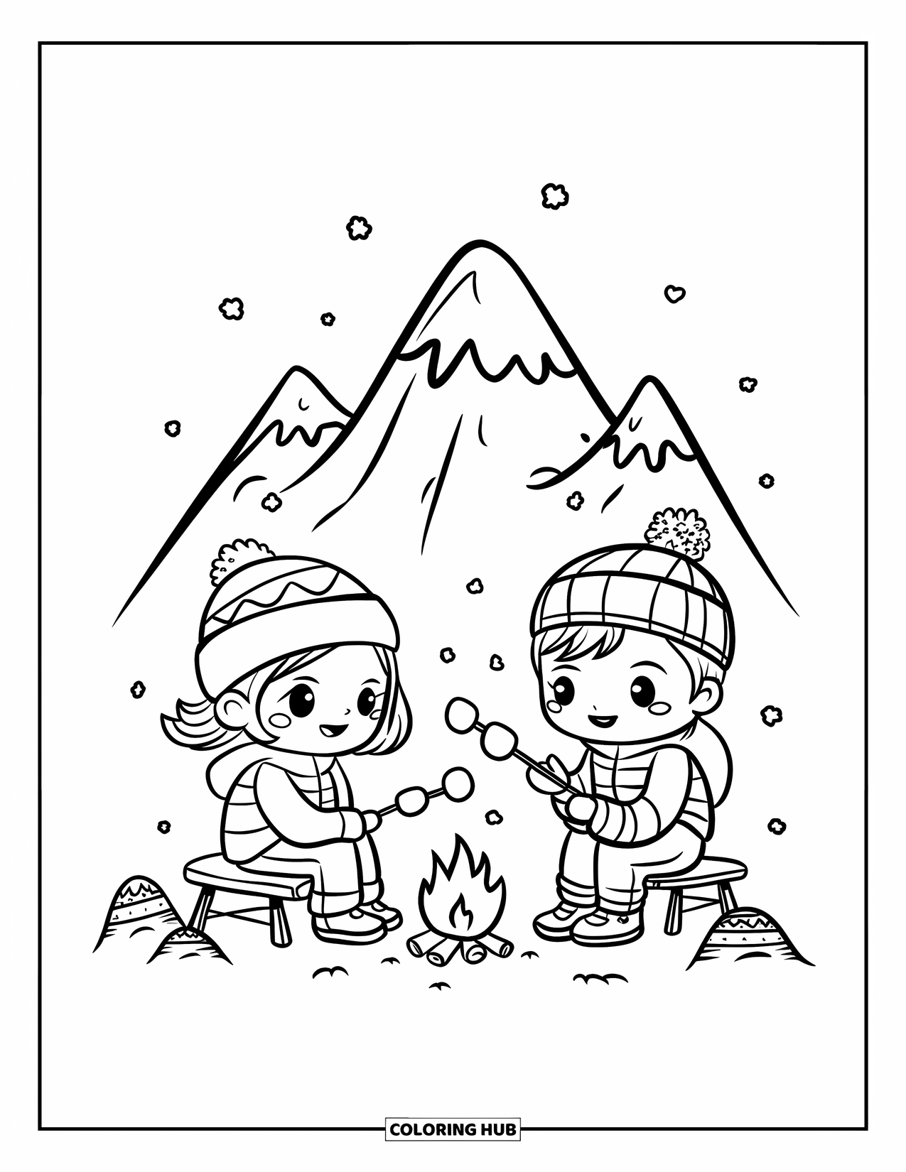 Desen de colorat cu natură pentru adulți: Un loc de campare mic lângă un Munte Everest rotunjit, cu alpiniști care prăjesc bezele sub ninsoare