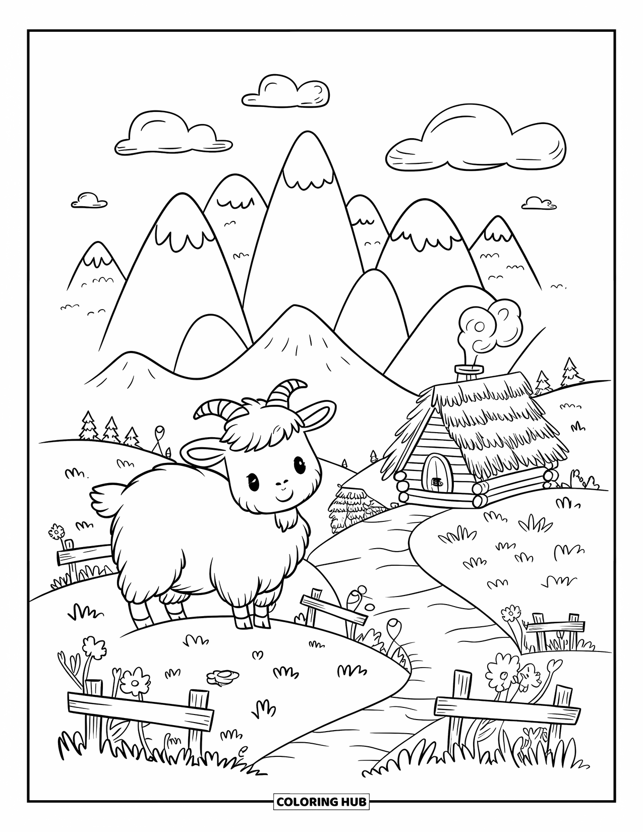 Desen de colorat cu natură pentru adulți: O capră mică se bucură de un vârf de deal liniștit, cu o cabană de lemn așezată în munți