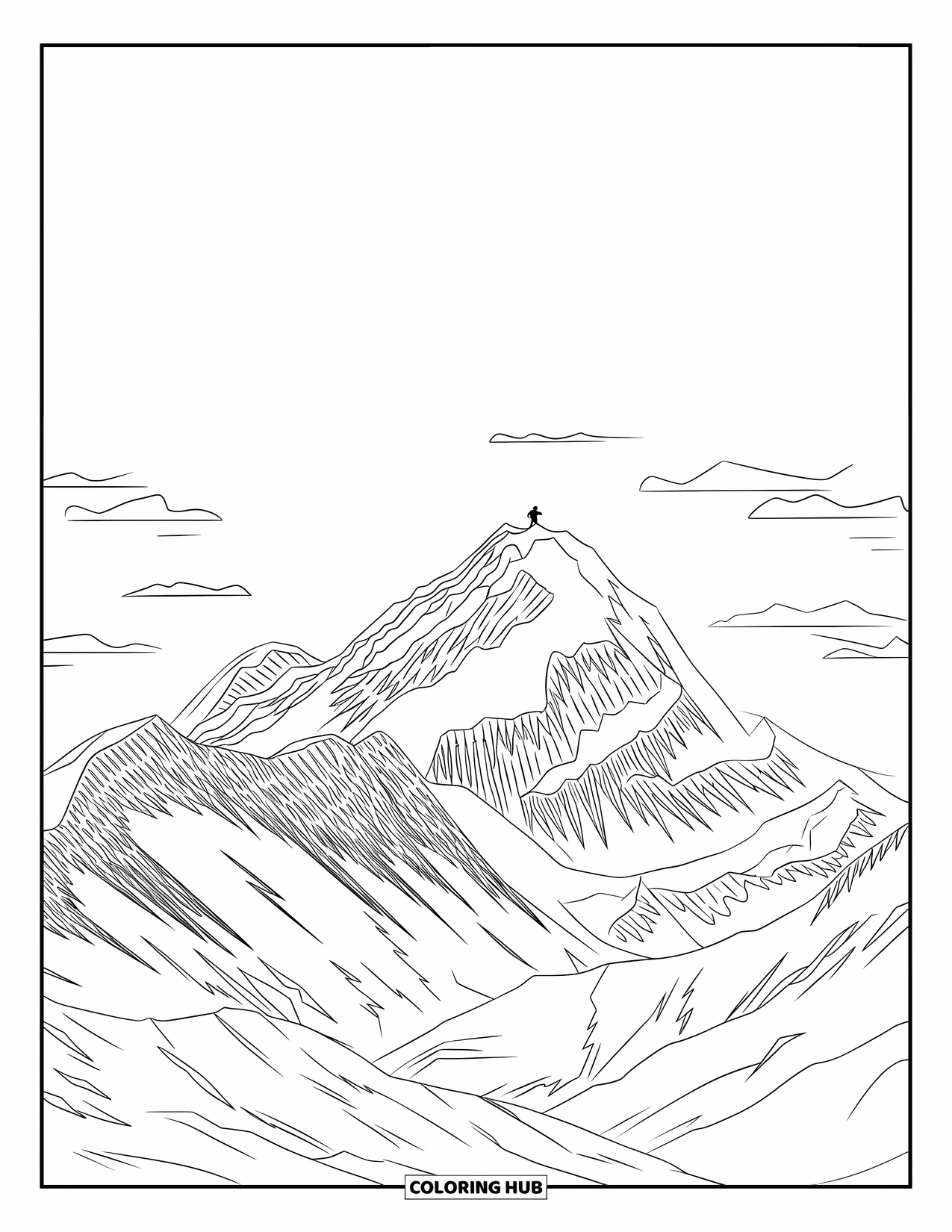 Desen de colorat cu natura pentru adulți: Un vârf impunător, acoperit de zăpadă, stă înalt în timp ce un alpinist călătorește în sus