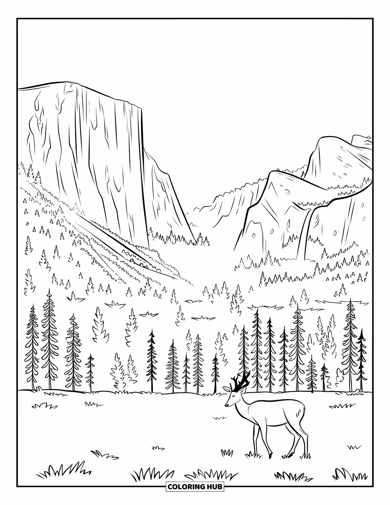 Desen de colorat cu natura pentru adulți: O pajiște liniștită se află sub stânci impunătoare de granit și o cascadă