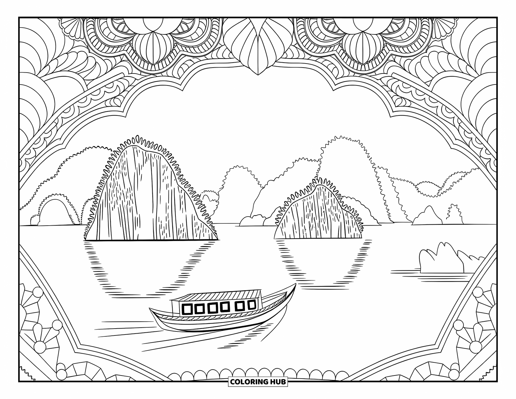 Desen de colorat cu natura pentru adulți: O barcă de lemn plutește peste un peisaj marin senin de insule de calcar și ape liniștite