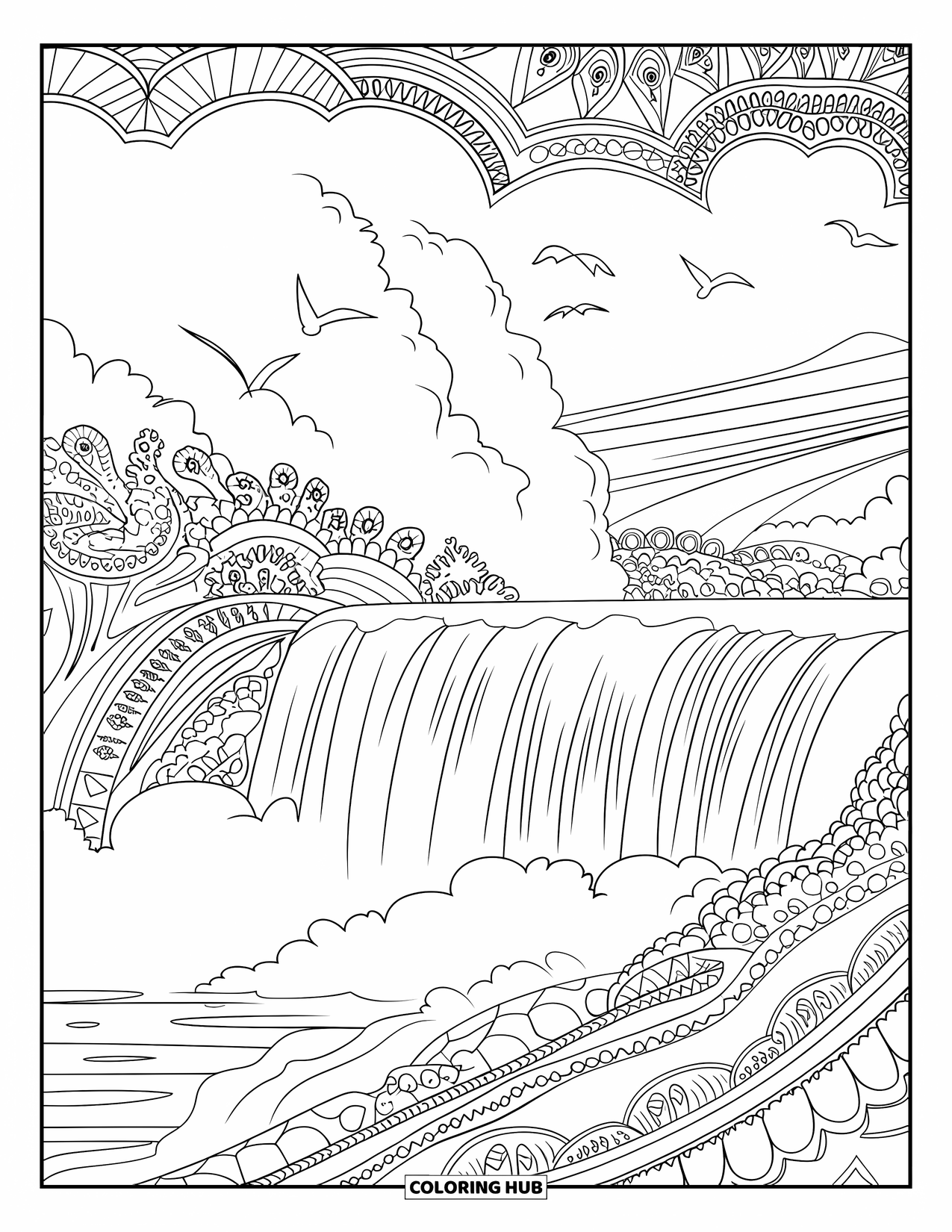 Desen de colorat cu natura pentru adulți: Cascada Niagara vuieste în timp ce ceața se ridică și păsările zboară deasupra apei repezi