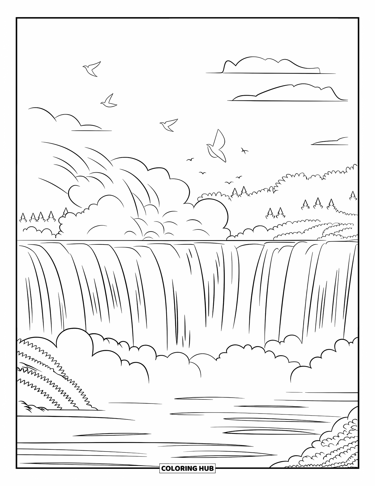 Desen de colorat cu natura pentru adulți: Apa repezită se prăbușește în timp ce păsările planează deasupra cascadelor cețoase
