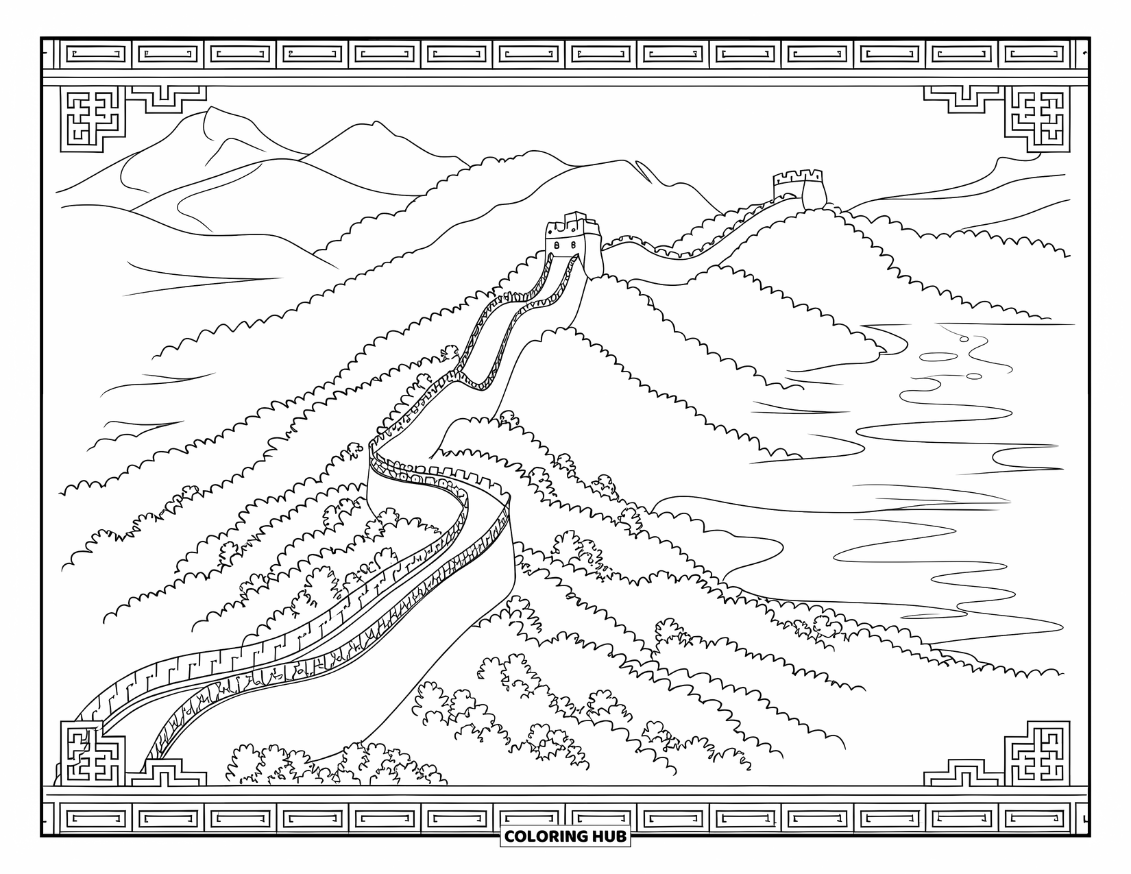 Desen de colorat cu natura pentru adulți: Marele Zid se întinde peste dealuri cu ceață care se rostogolește prin văi