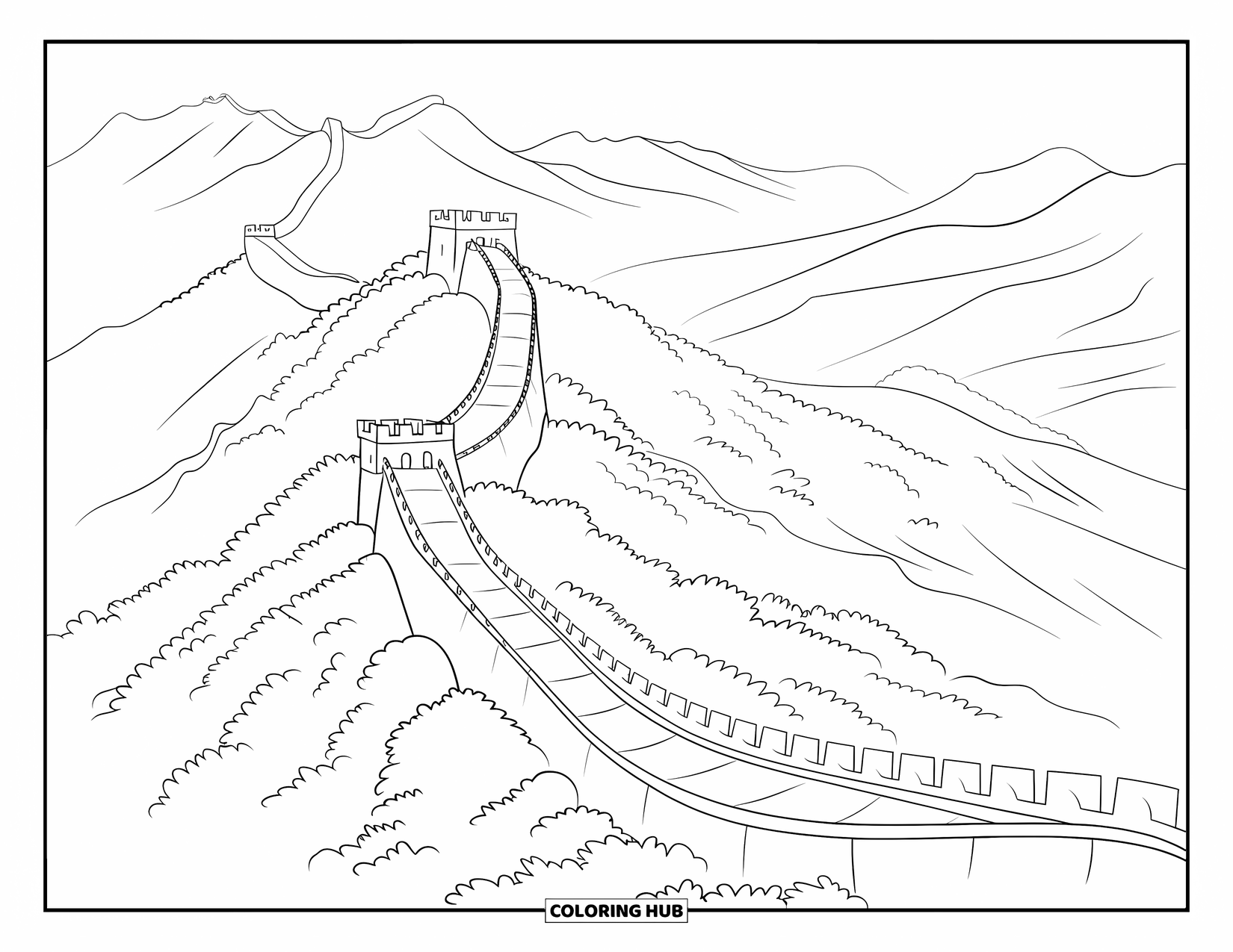 Desen de colorat cu natura pentru adulți: Marele Zid șerpuiește prin dealuri, dispărând într-o vale cețoasă