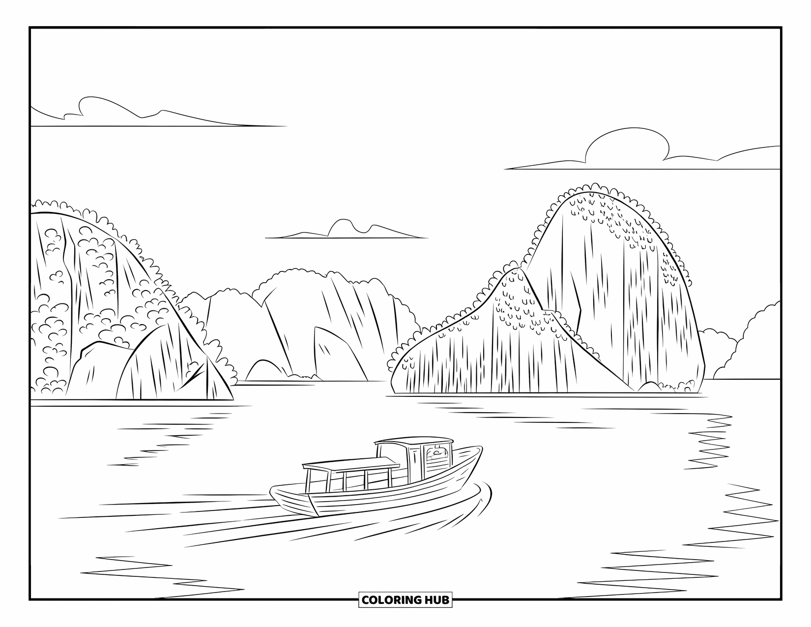 Desen de colorat cu natura pentru adulți: Insule impunătoare de calcar se ridică din apă în timp ce o barcă mică navighează pașnic
