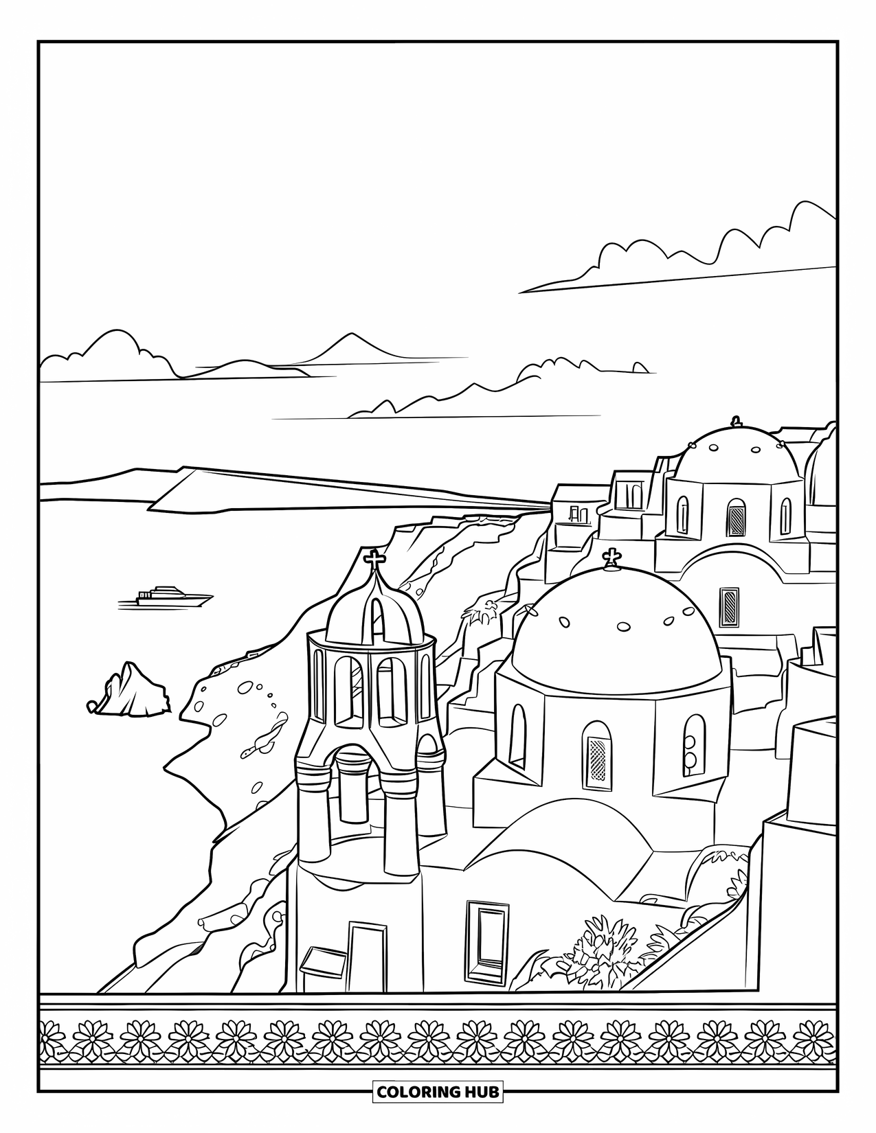Desen de colorat cu natura pentru adulți: Case văruite în alb cu cupole albastre se află în vârful stâncilor, pe fundalul unui peisaj marin senin