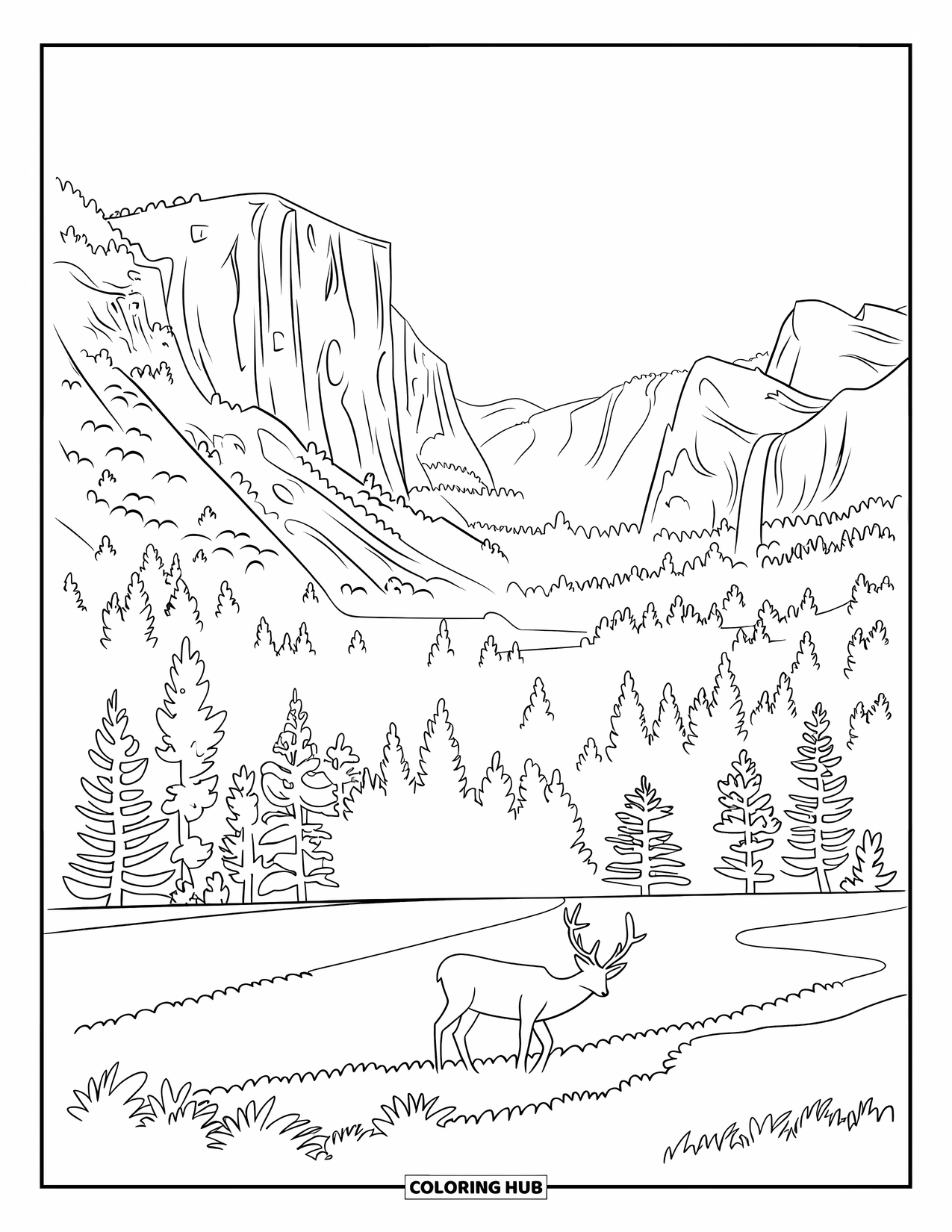 Desen de colorat cu natura pentru adulți: Stâncile din Yosemite Valley se înalță deasupra unei pajiști pașnice cu o cascadă curgătoare