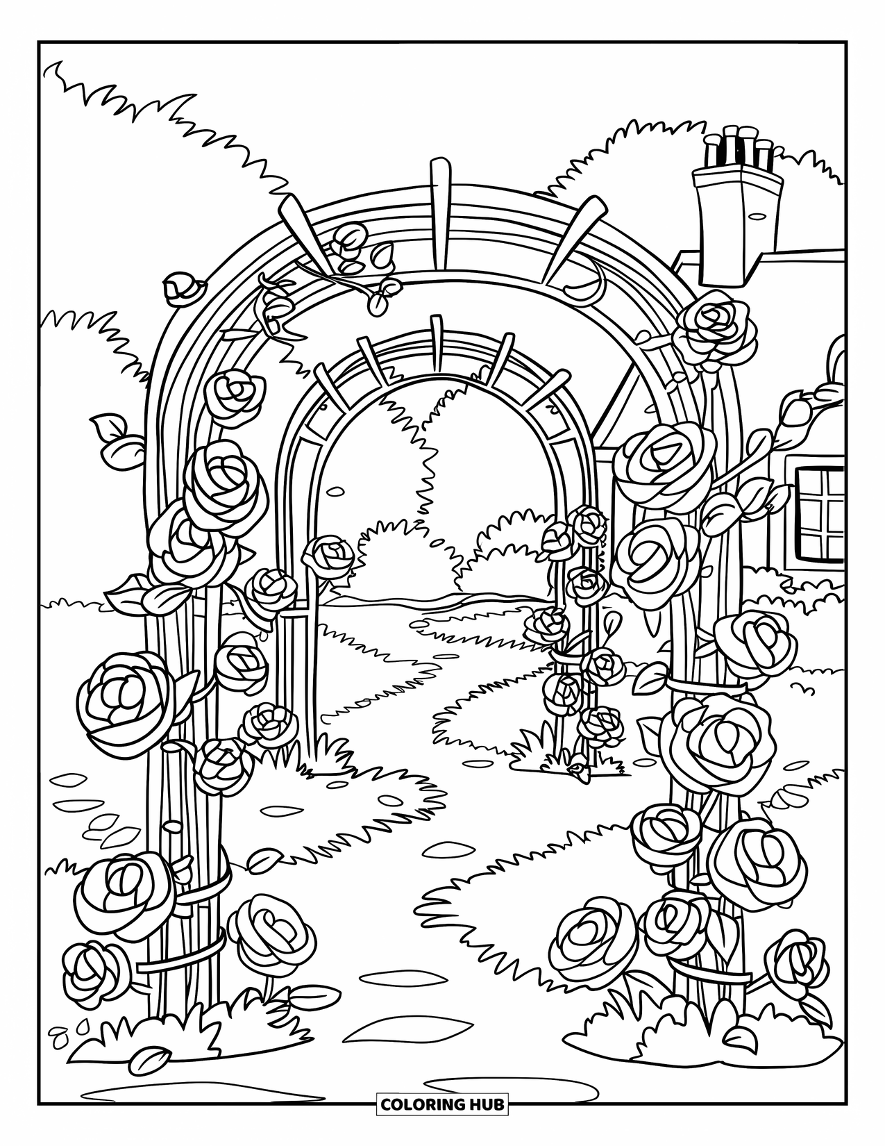 Desen de colorat cu natură pentru copii: O grădină de trandafiri înflorită, cu viță de vie și un spalier de lemn, înconjoară o căsuță confortabilă