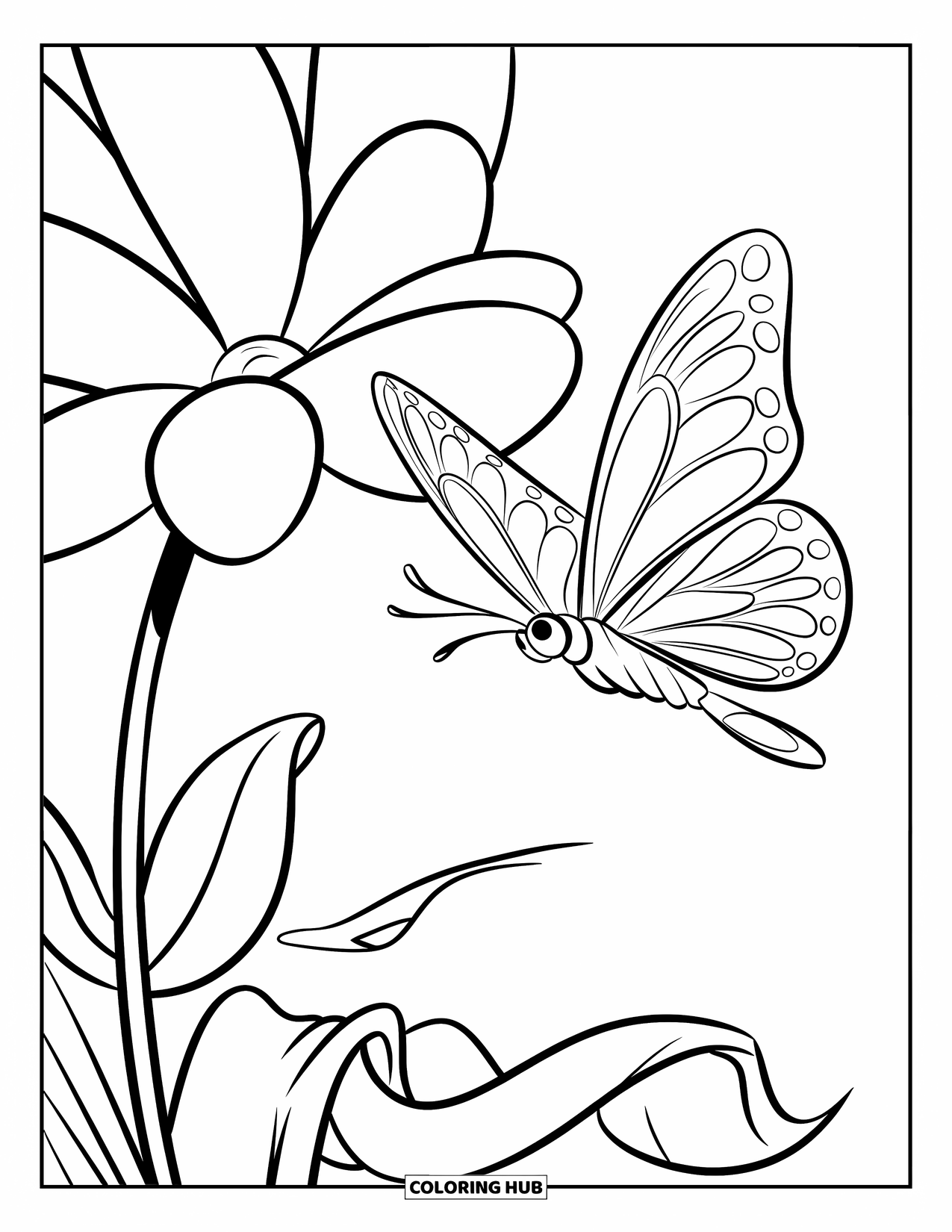 Desen de colorat cu natură pentru copii: Un fluture cu aripi delicate plutește deasupra unei flori uriașe cu un centru galben strălucitor