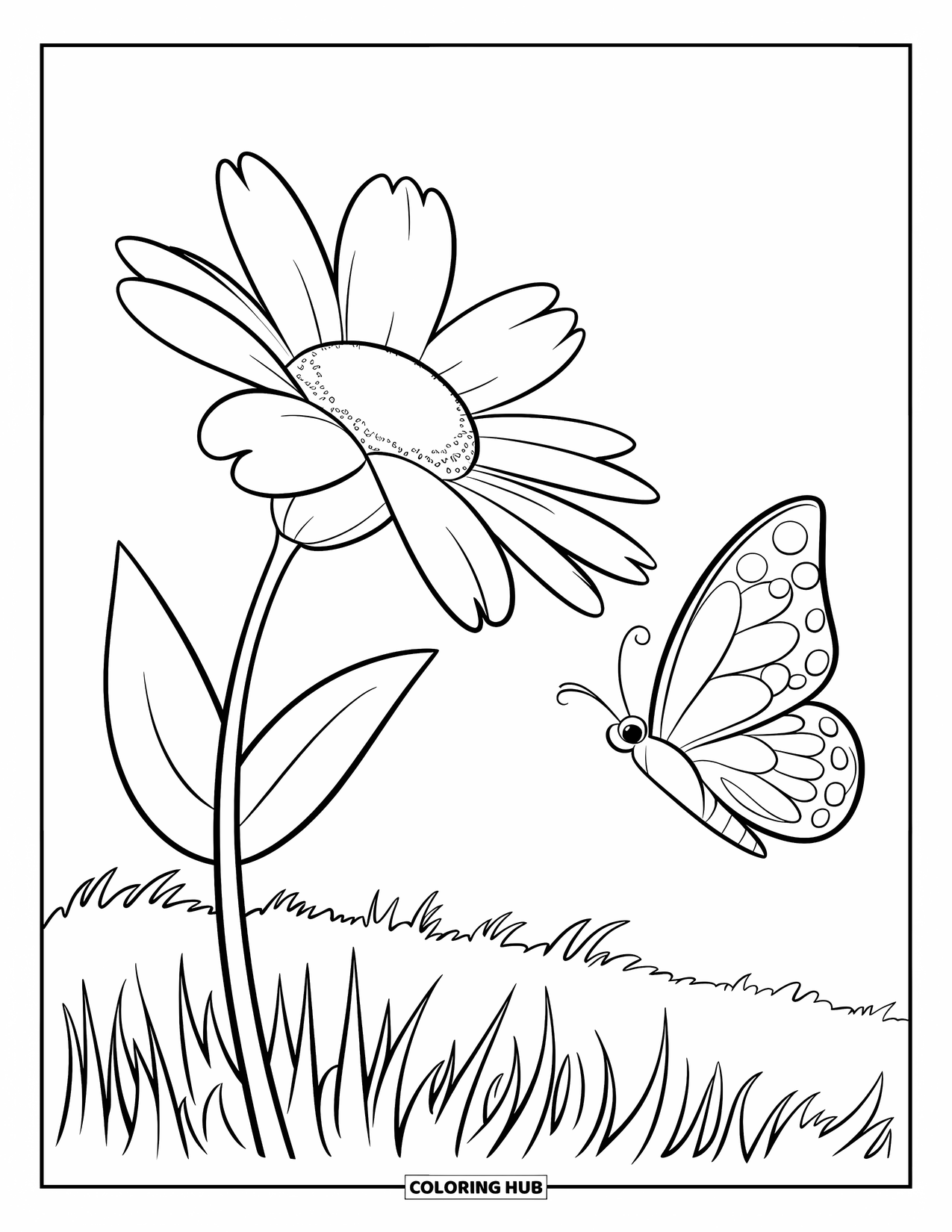 Desen de colorat cu natură pentru copii: Un fluture cu aripi pătate se apropie de o floare, înconjurat de tulpini și frunze verzi înalte