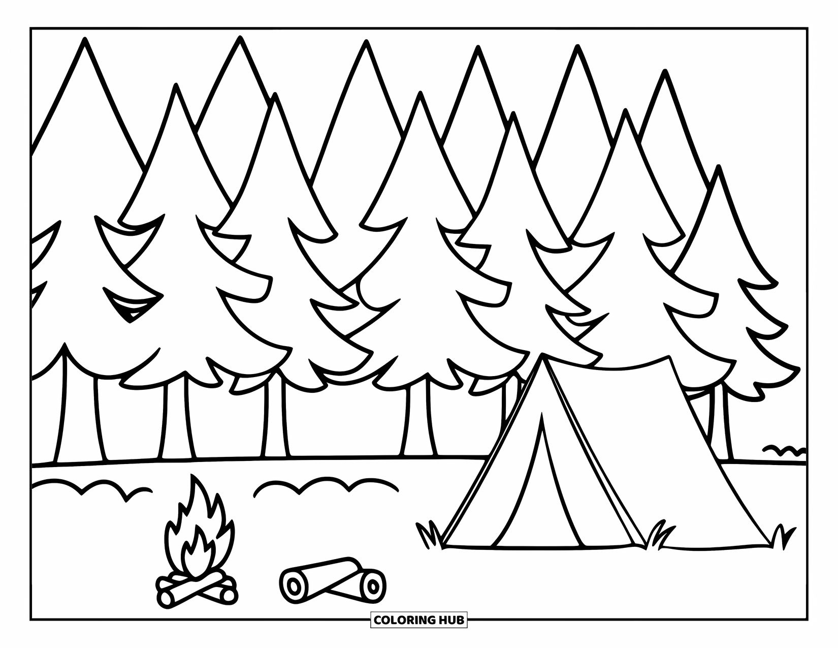 Desen de colorat cu natură pentru copii: Un loc de campare cu un cort și un foc trosnitor se află într-o pădure liniștită de pini