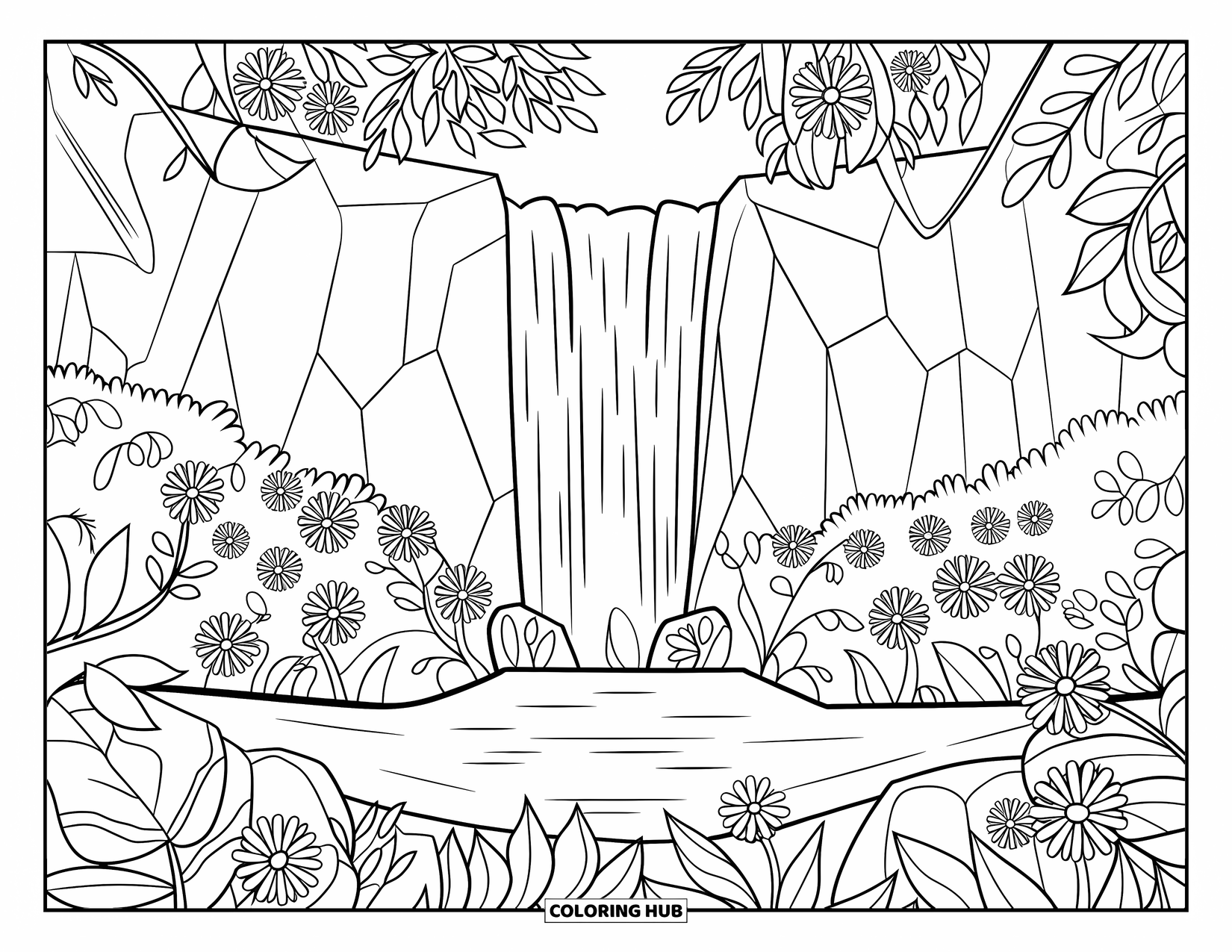 Desen de colorat cu natură pentru copii: O cascadă în cascadă se varsă într-un bazin, îmbrățișată de un frunziș dens de junglă și flori înflorite