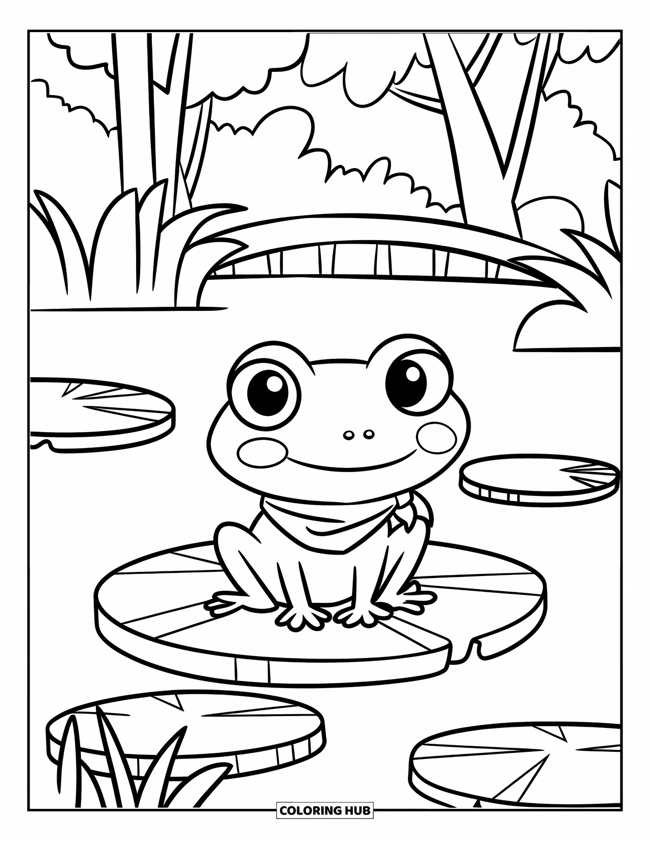 Desen de colorat cu natură pentru copii: O broască veselă cu ochi mari se odihnește pe un nufăr într-un iaz liniștit