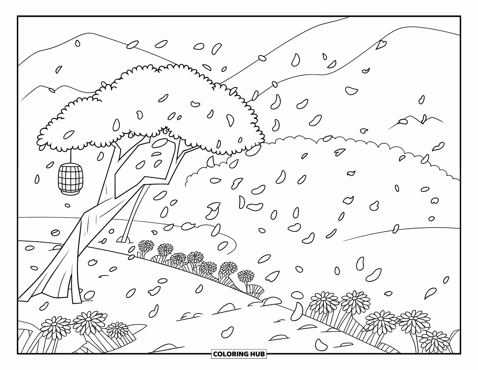Desen de colorat cu natură pentru copii: Un cireș înflorit stă lângă o potecă, cu petale plutind ușor în aer