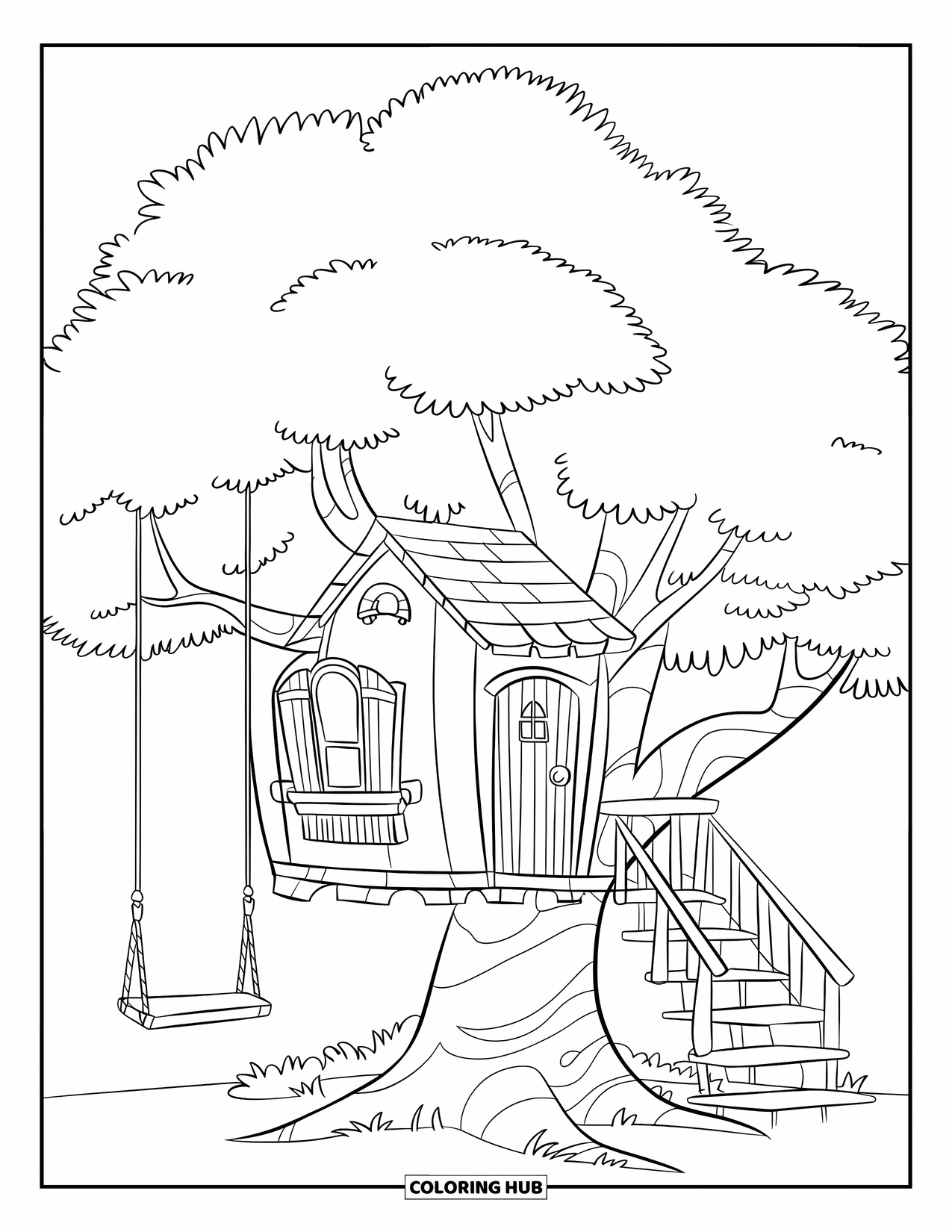 Desen de colorat cu natură pentru copii: O căsuță confortabilă în copac cu un leagăn atârnă de un copac mare, înconjurată de o pădure verde