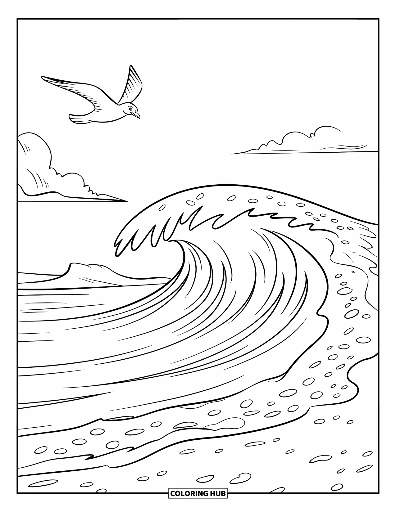 Desen de colorat cu natură pentru copii: Un val spărgător se rostogolește pe o plajă nisipoasă, în timp ce un pescăruș zboară deasupra apei