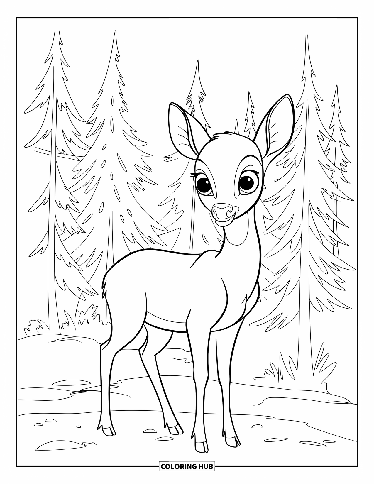 Desen de colorat cu natură pentru copii: Un cerb stă calm într-o pădure cețoasă, înconjurat de pini înalți