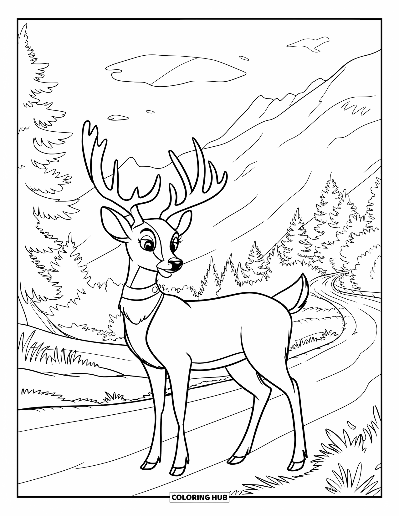 Desen de colorat cu natură pentru copii: Un cerb cu coarne și o zgardă merge pe o potecă cețoasă în pădure