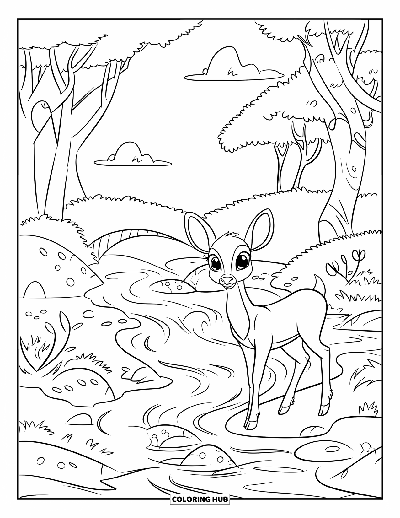 Desen de colorat cu natură pentru copii: Un cerb cu ochi expresivi stă lângă un pârâu curgător, cu un pod de lemn în fundal