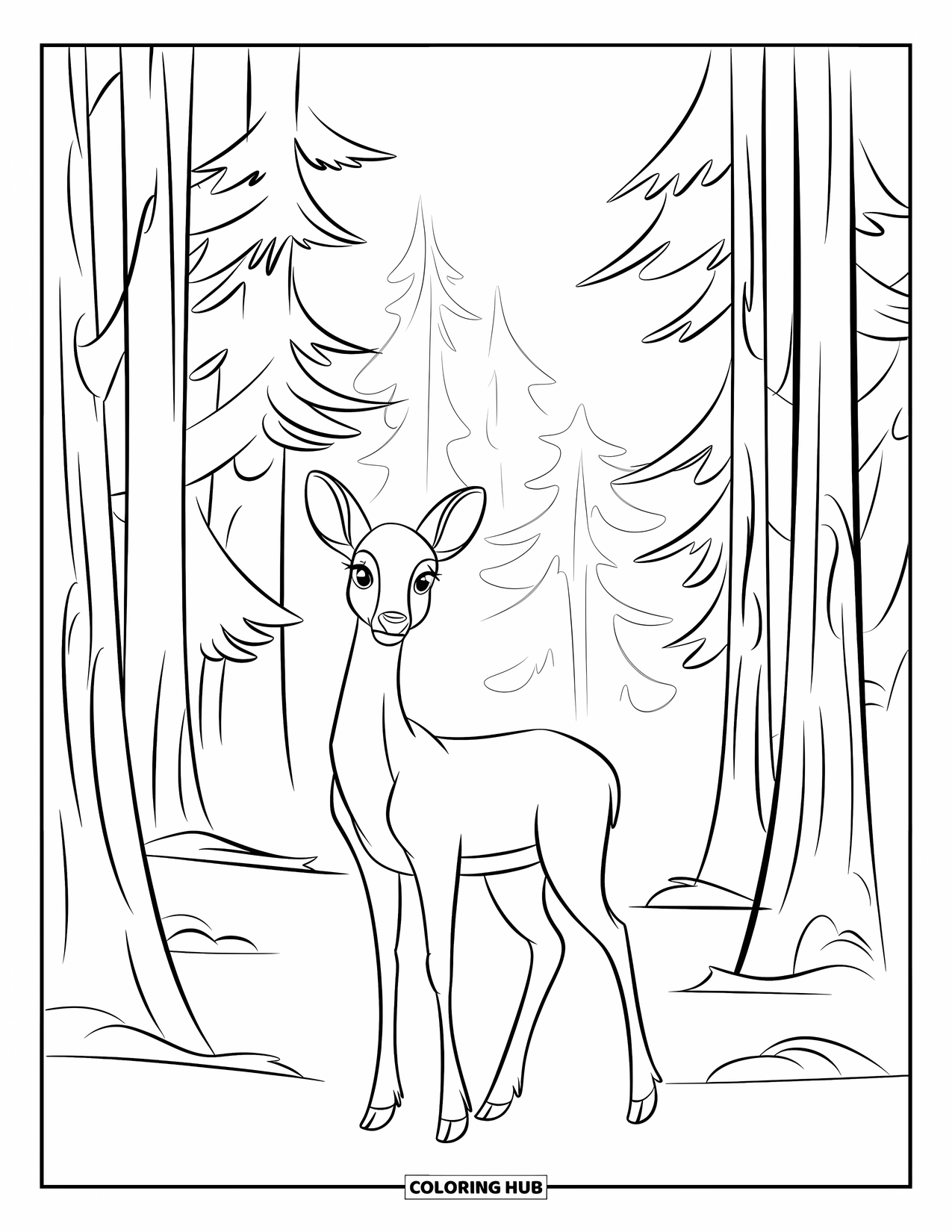 Desen de colorat cu natură pentru copii: Un cerb cu ochi blânzi stă într-o pădure cețoasă plină de pini înalți