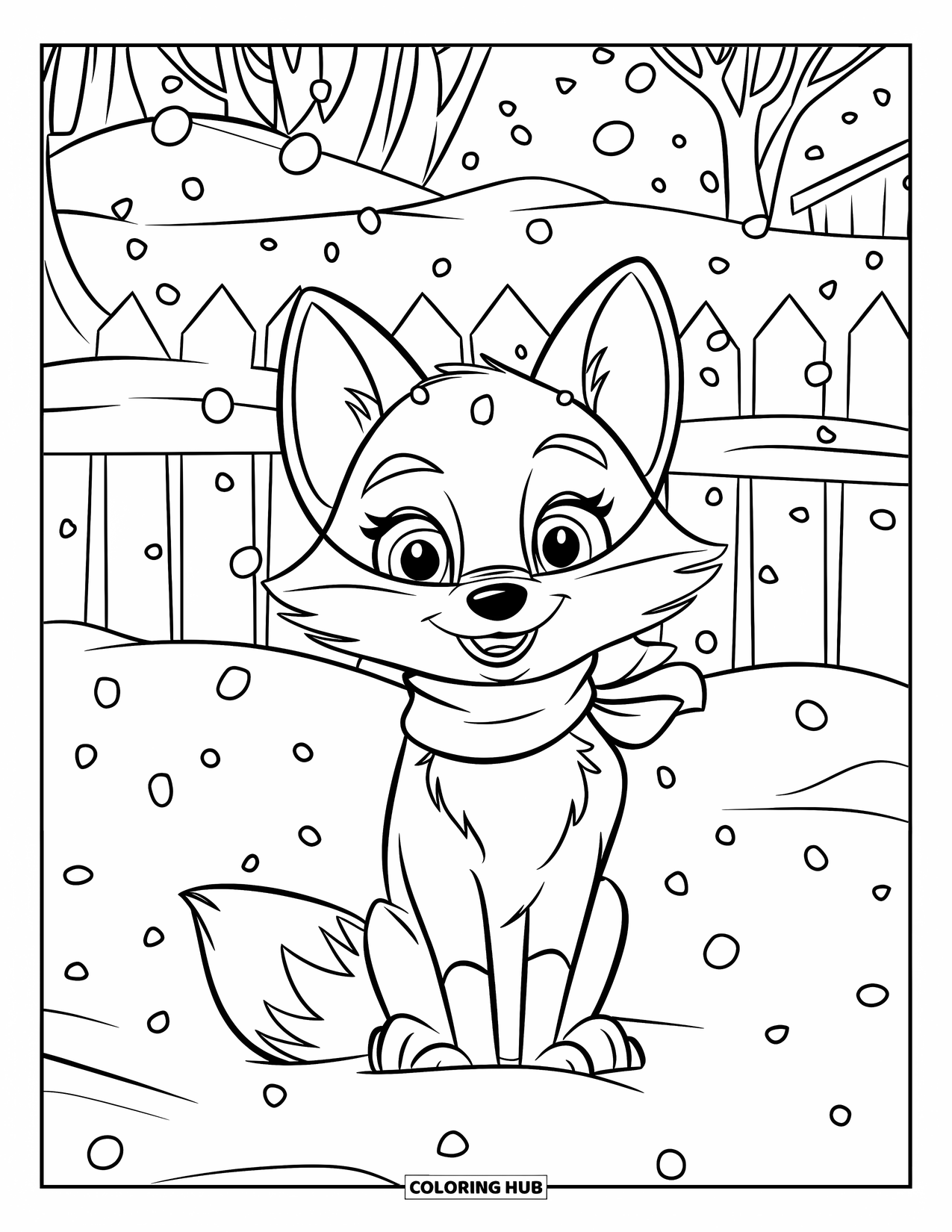 Desen de colorat cu natură pentru copii: O vulpe cu o eșarfă stă în zăpadă, înconjurată de copaci și fulgi de zăpadă care cad