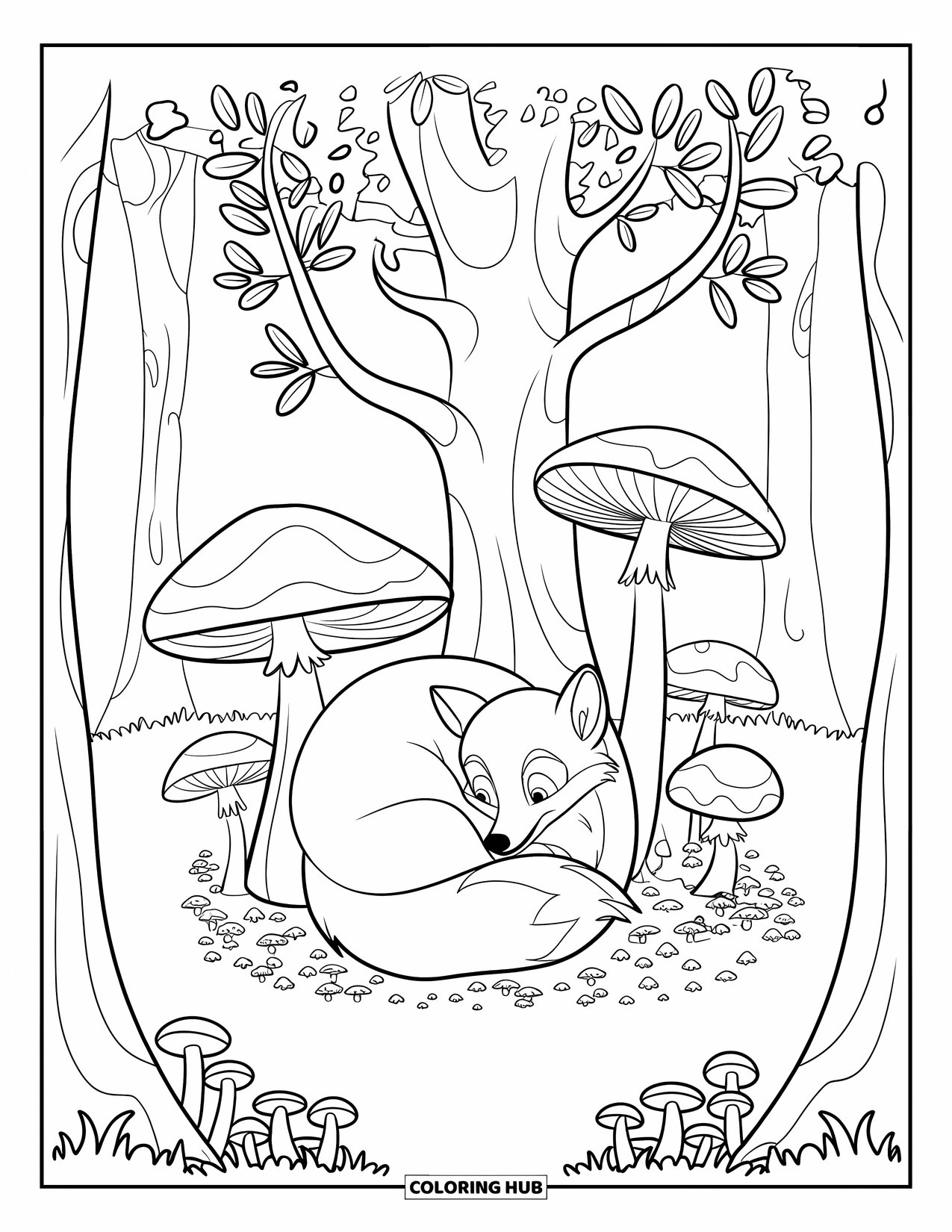 Desen de colorat cu natură pentru copii: O vulpe doarme liniștită sub un copac, așezată printre ciuperci într-o pădure liniștită