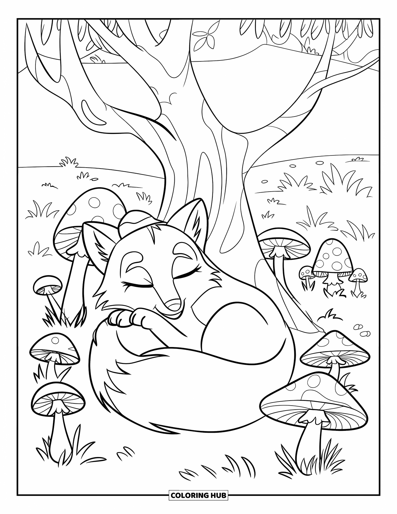 Desen de colorat cu natură pentru copii: O vulpe cu ochii închiși se ghemuiște lângă un copac, înconjurată de ciuperci mari și mici