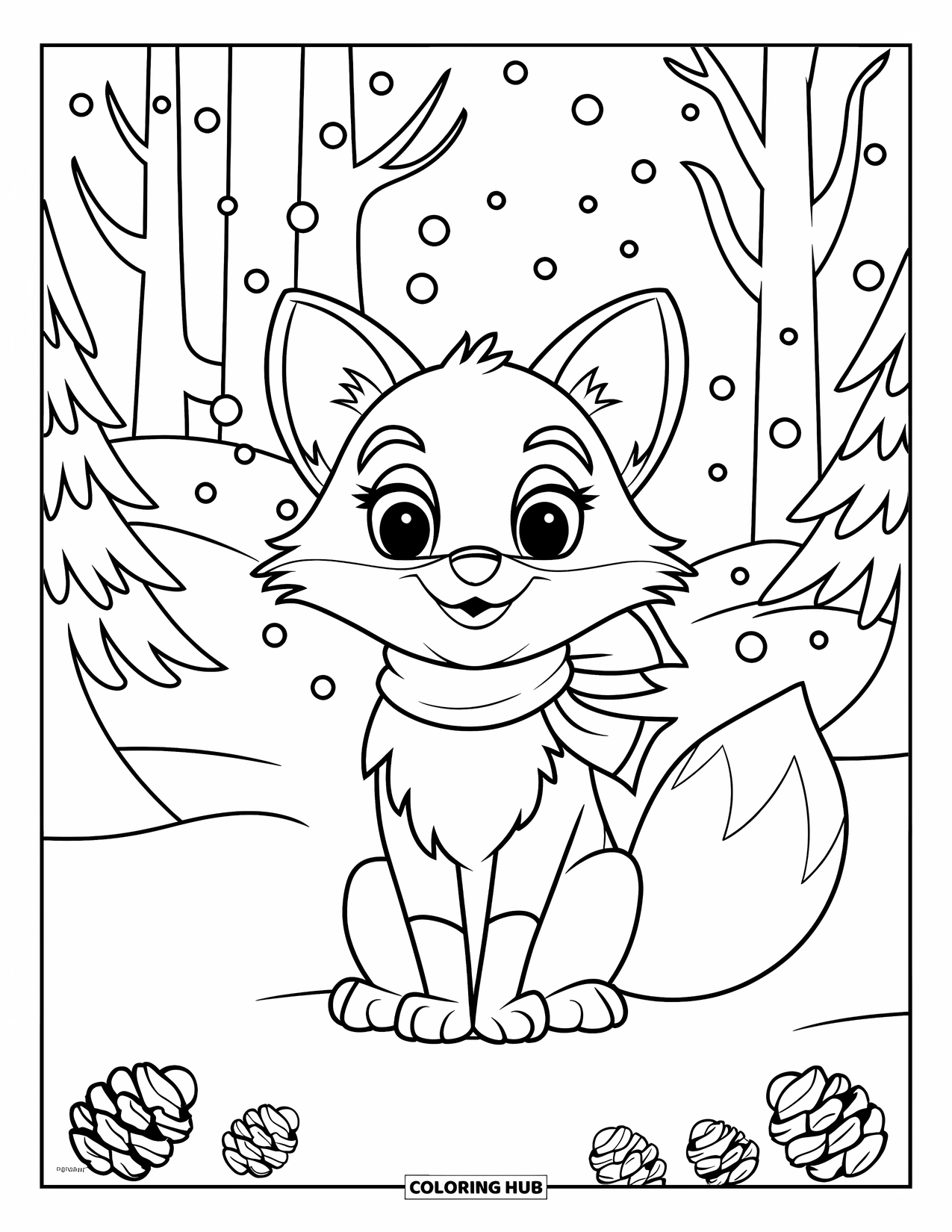 Desen de colorat cu natură pentru copii: O vulpe înfășurată într-o eșarfă roșie stă printre pini înzăpeziți și conuri de pin împrăștiate