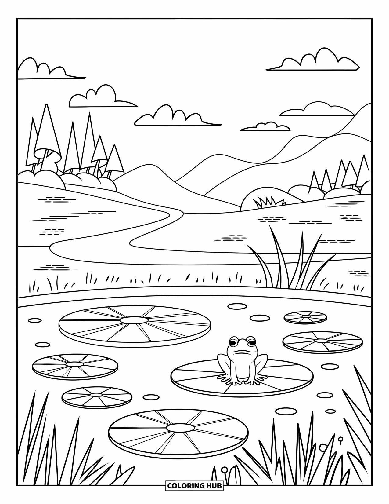 Desen de colorat cu natură pentru copii: O broască pe un nufăr privește apa, cu copaci și munți în fundal