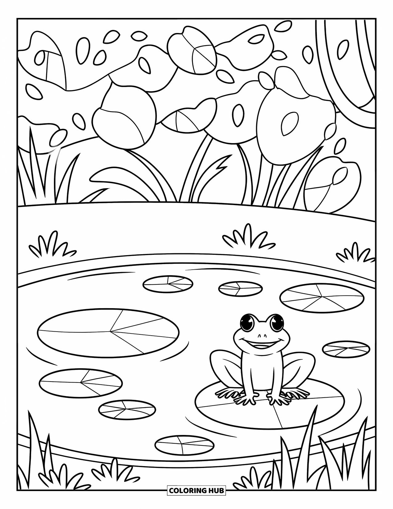 Desen de colorat cu natură pentru copii: O broască stă pe un nufăr într-un iaz liniștit, înconjurată de flori și stuf