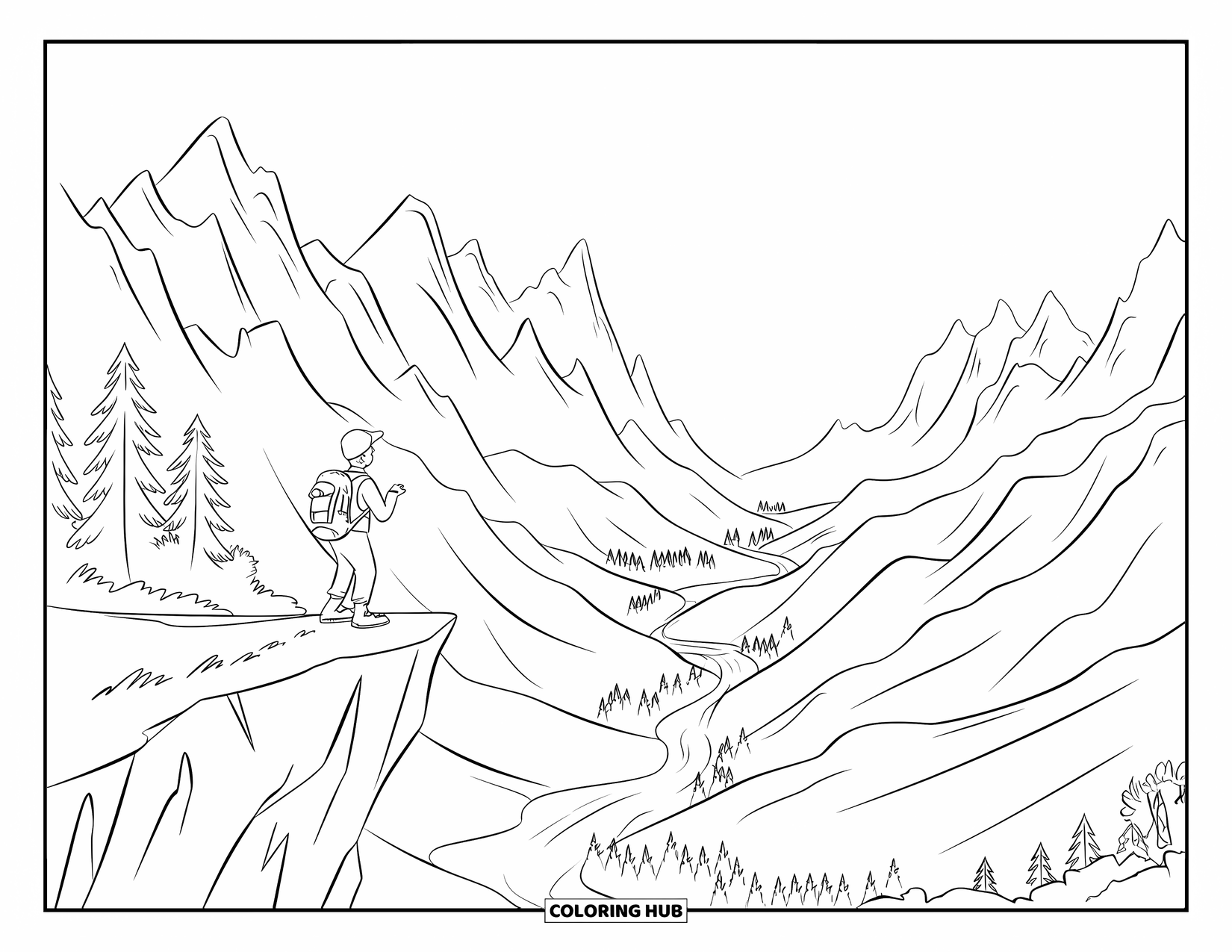 Desen de colorat cu natură pentru copii: Un drumeț stă pe o stâncă, admirând valea vastă și râul șerpuit de dedesubt