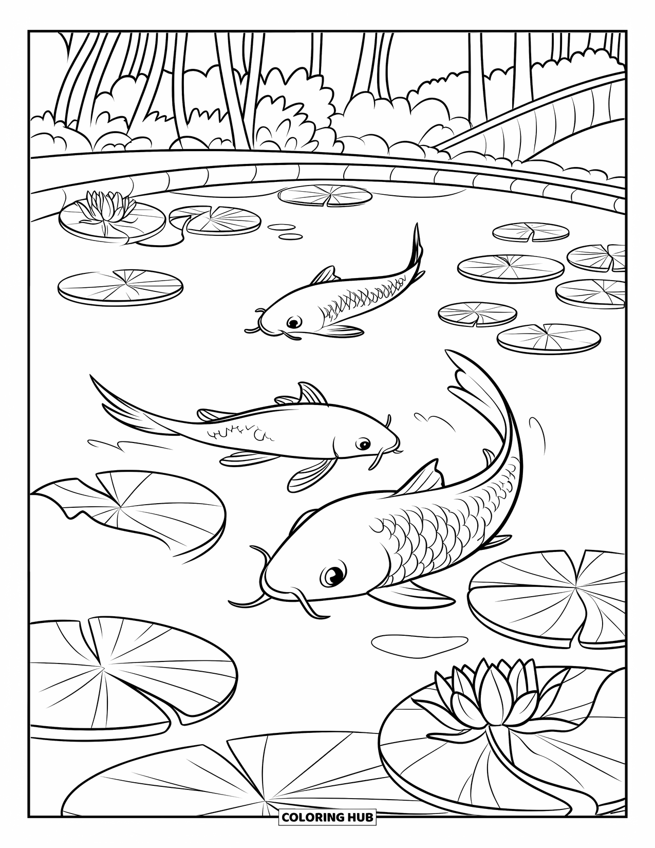 Desen de colorat cu natură pentru copii: Un iaz cu koi cu nuferi plutitori este înconjurat de stânci și verdeață luxuriantă