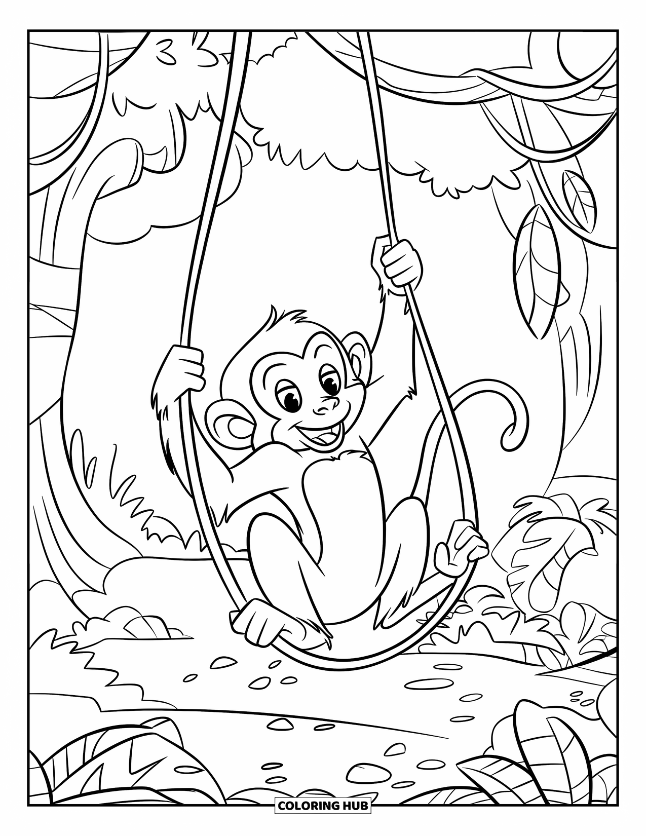 Desen de colorat cu natură pentru copii: O maimuță cu o coadă încolăcită se leagănă între viță de vie deasupra unui sol de junglă acoperit cu plante