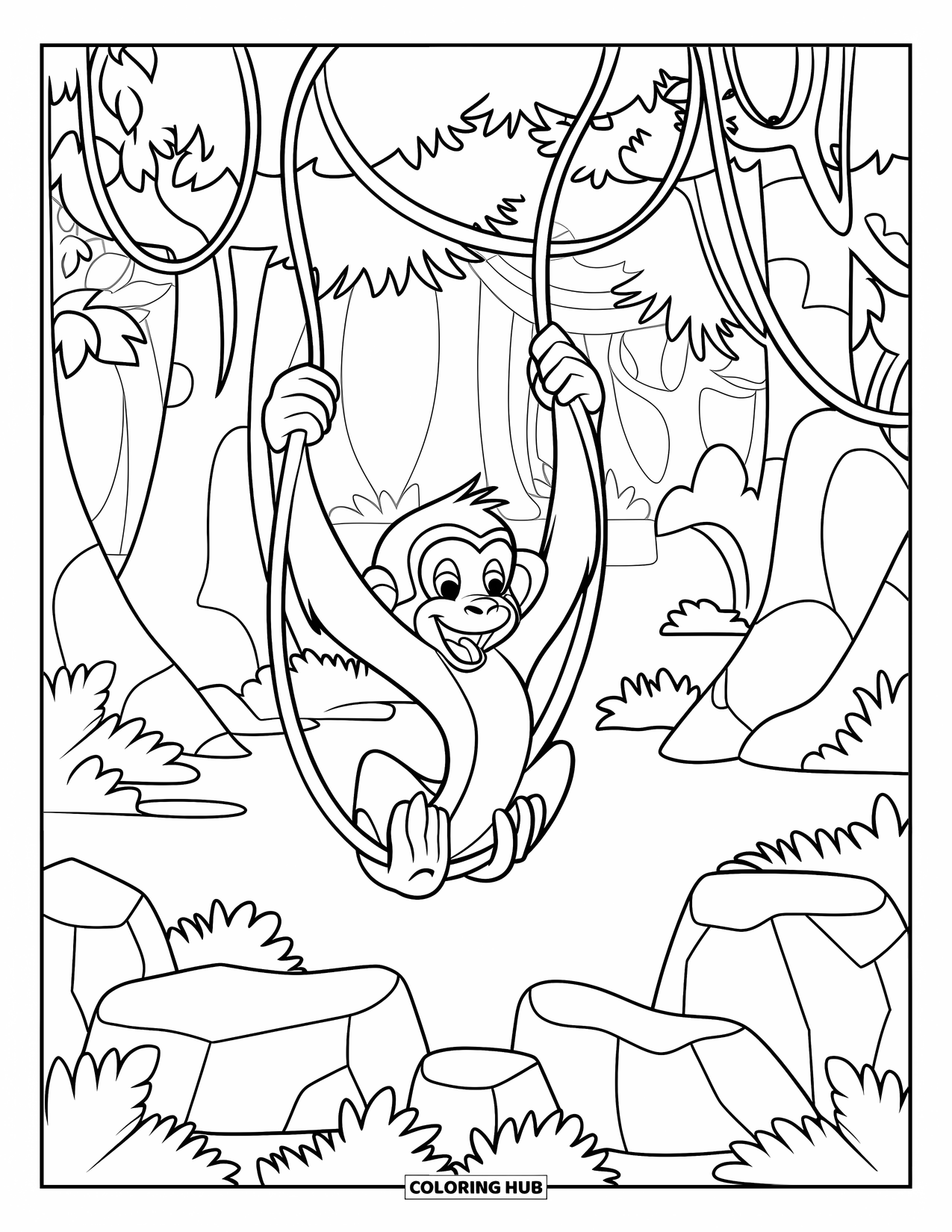 Desen de colorat cu natură pentru copii: O maimuță cu un zâmbet larg se leagănă de viță de vie printre copaci, stânci și verdeață luxuriantă
