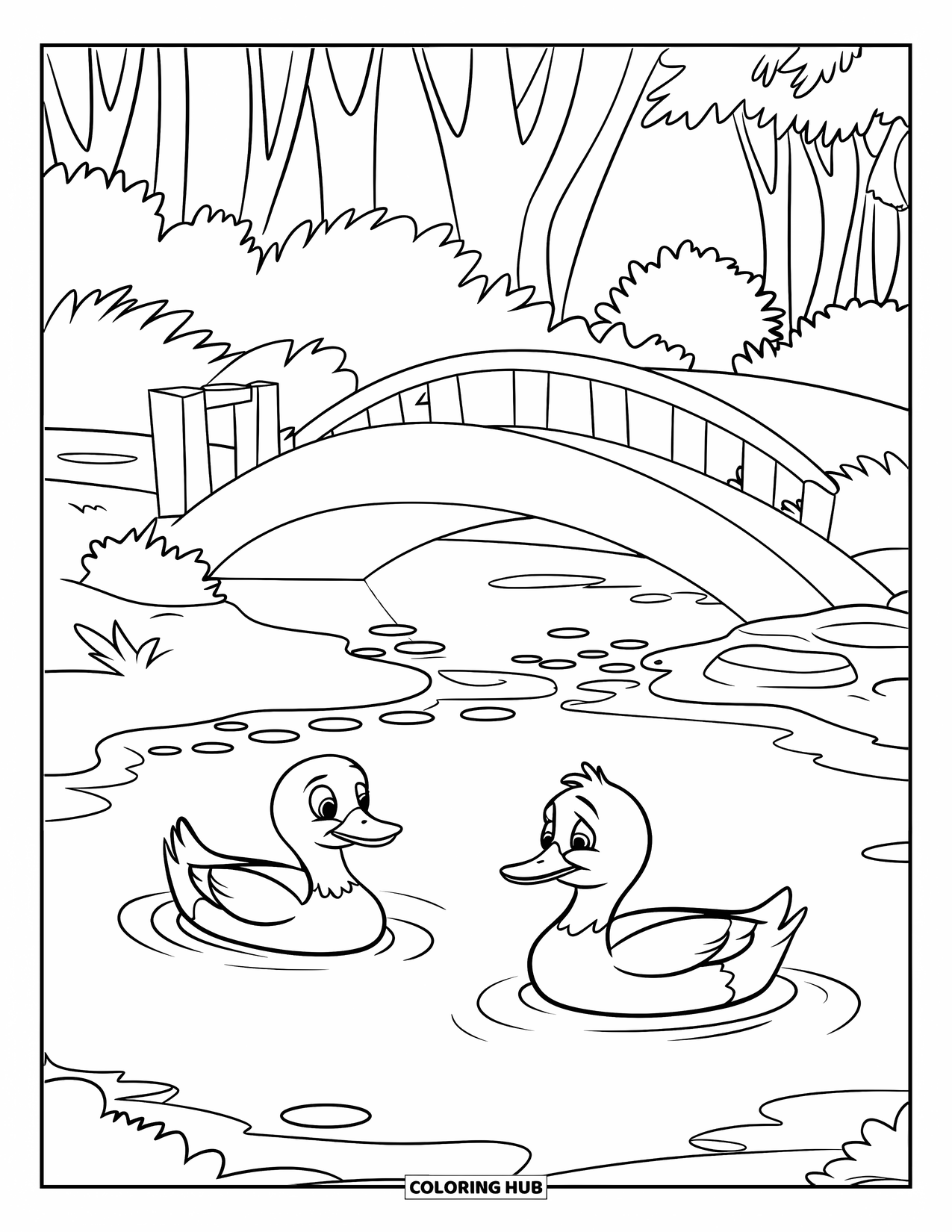 Desen de colorat cu natură pentru copii: O pereche de rațe plutesc peste un iaz cu un pod de lemn în fundal