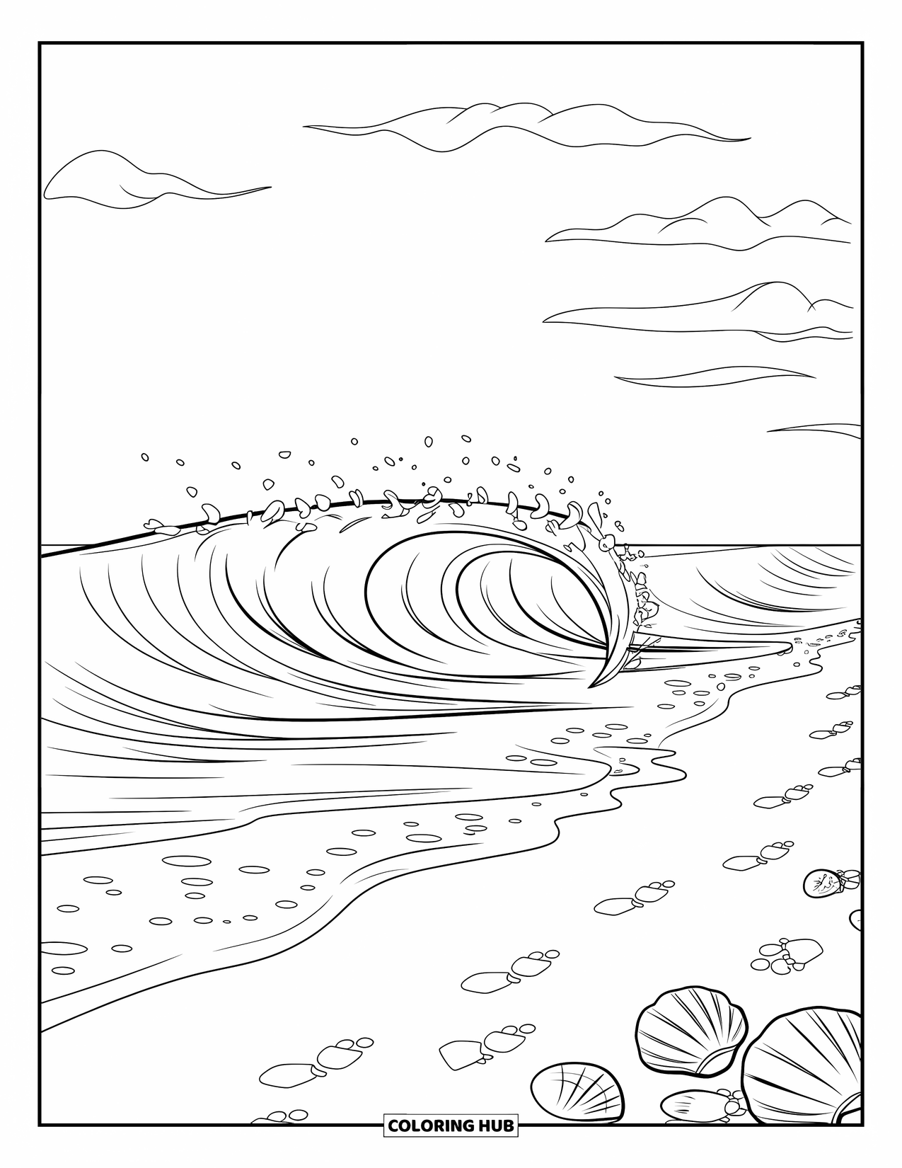 Desen de colorat cu natură pentru copii: Un val puternic se sparge pe țărm, lăsând scoici împrăștiate pe nisipul umed