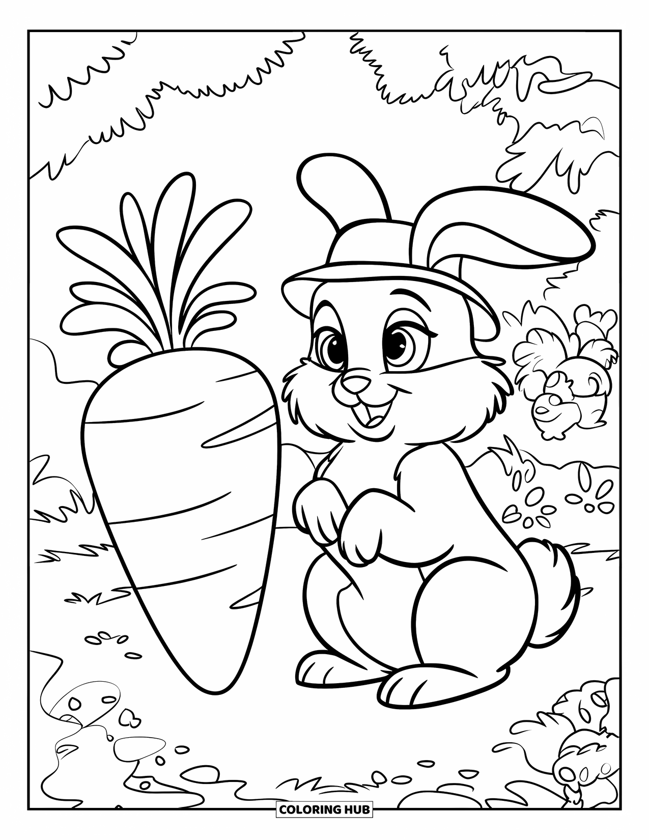 Desen de colorat cu natură pentru copii: Un iepure cu o pălărie veselă stă lângă un morcov uriaș, înconjurat de animale mici