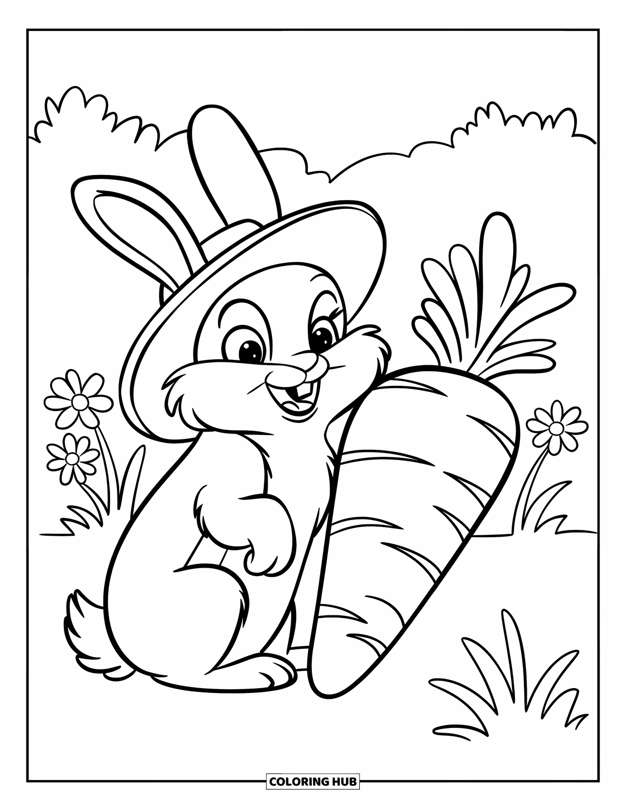 Desen de colorat cu natură pentru copii: Un iepure cu o pălărie jucăușă se odihnește lângă un morcov uriaș într-o grădină verde luxuriantă
