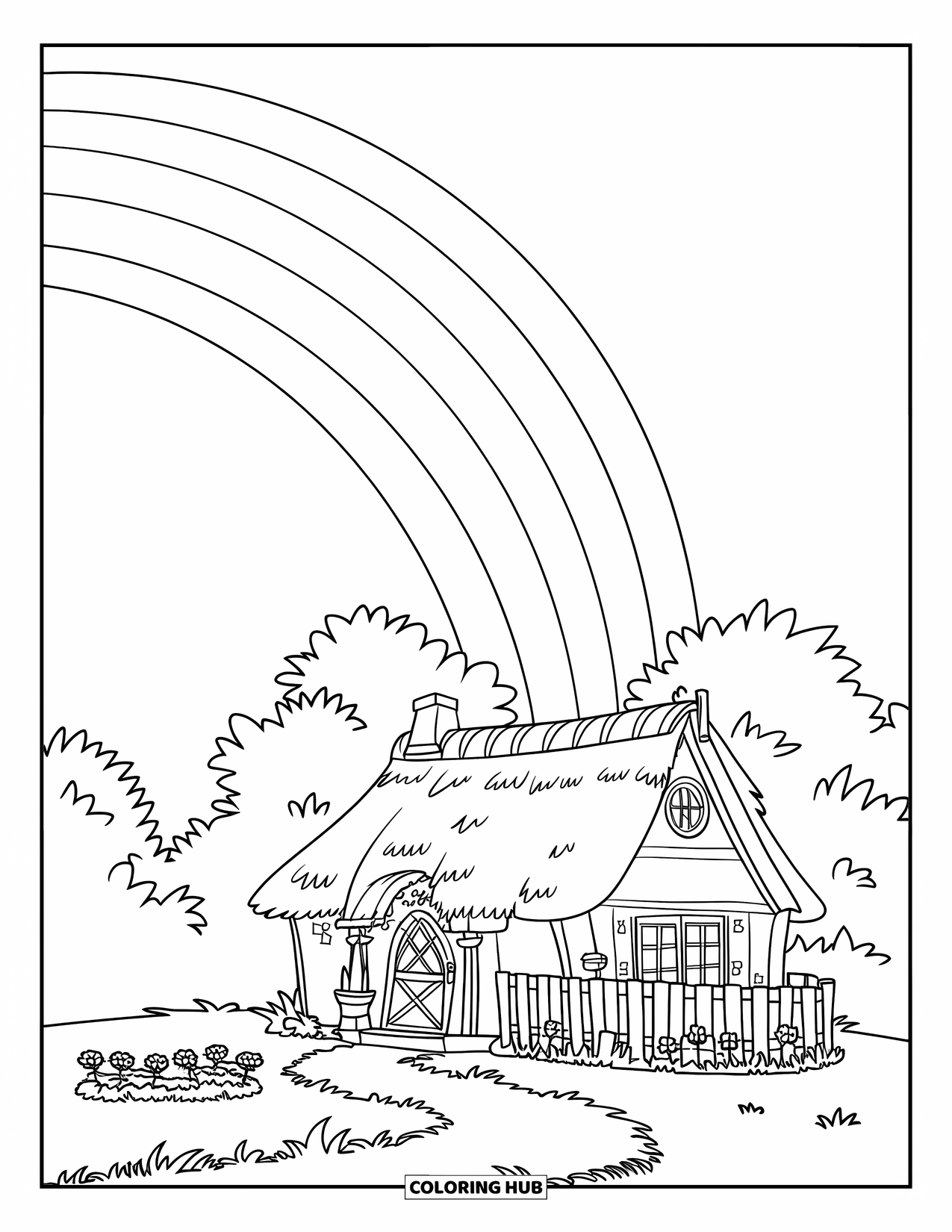 Desen de colorat cu natură pentru copii: Un curcubeu cu curbe moi se întinde deasupra unei căsuțe confortabile cu un gard de lemn și o grădină