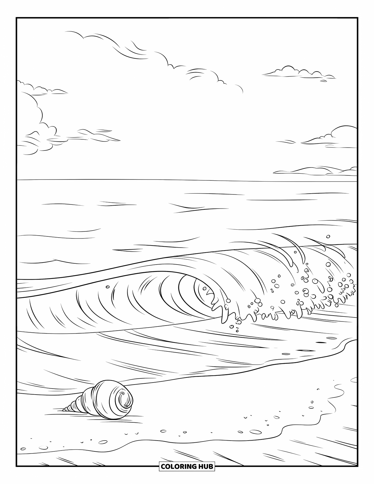 Desen de colorat cu natură pentru copii: Un val rostogolitor se stropește pe țărm sub un cer luminos cu nori subțiri