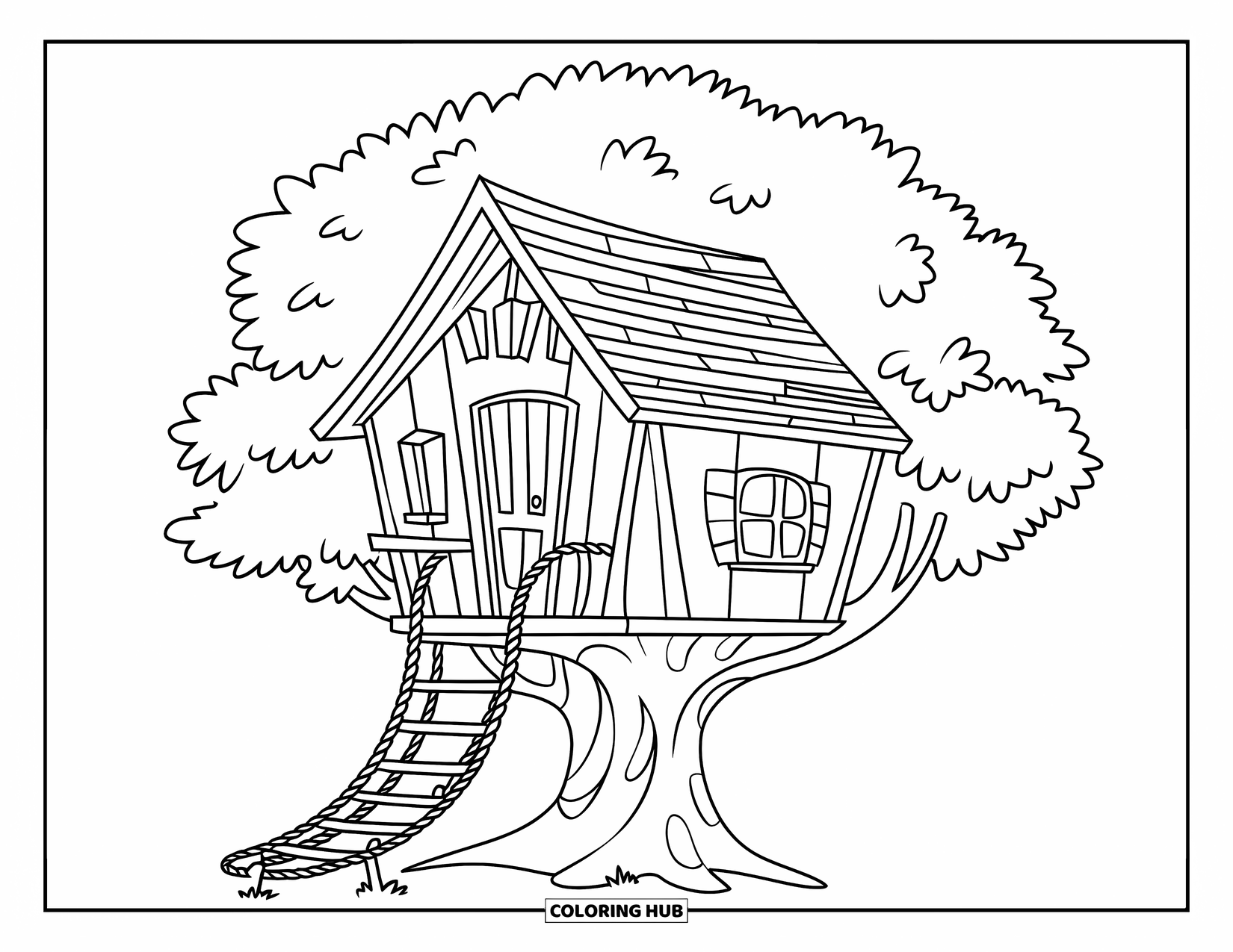 Desen de colorat cu natură pentru copii: O căsuță mică în copac cu o scară de frânghie are o ușă și o fereastră mică așezate printre ramuri