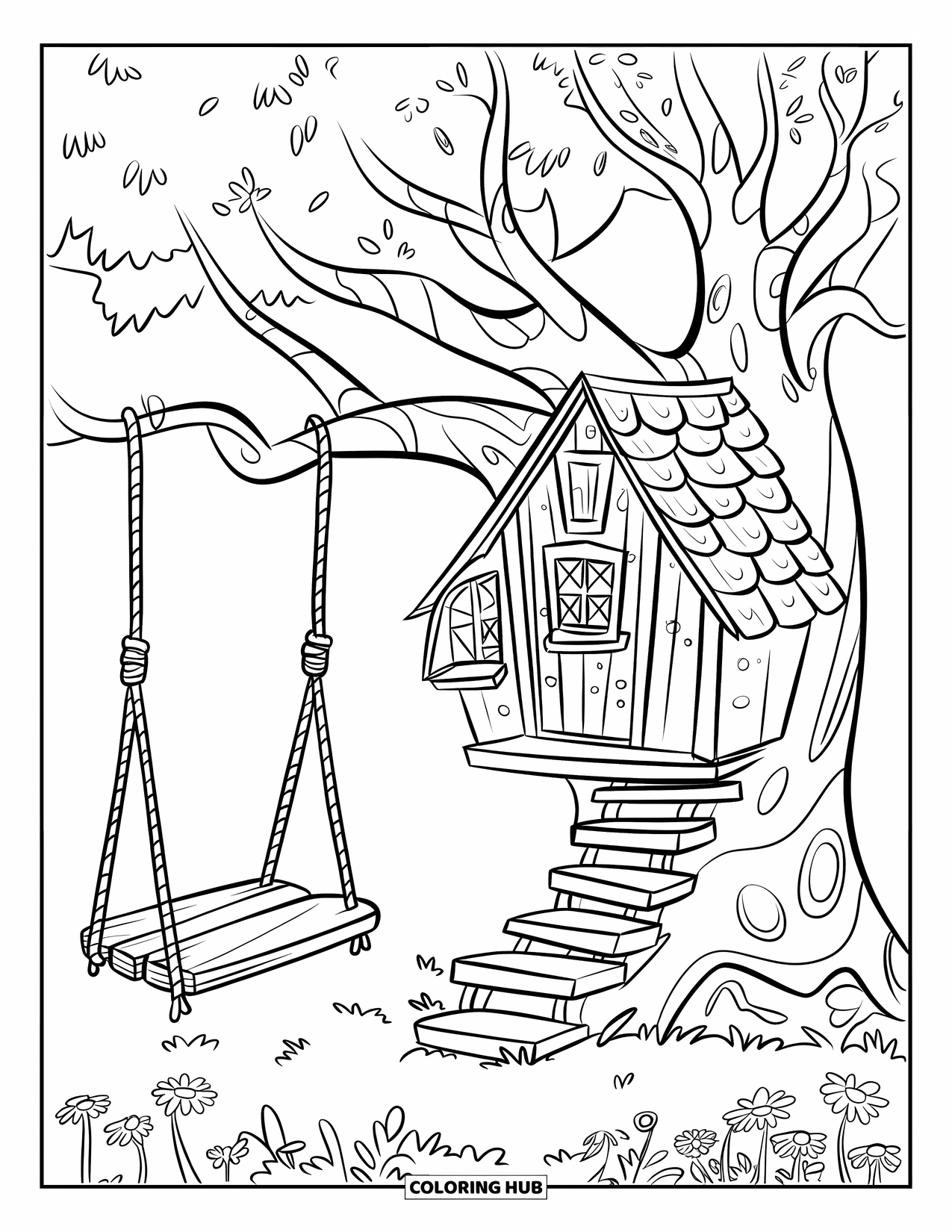 Desen de colorat cu natură pentru copii: O căsuță mică în copac cu o scară de lemn și un leagăn are vedere spre o pajiște cu flori sălbatice
