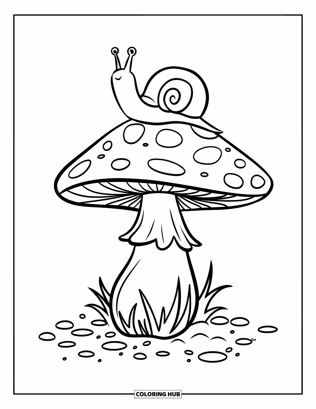 Desen de colorat cu natură pentru copii: Un melc cu o cochilie curbată se află pe o ciupercă netedă, privind lumea de dedesubt