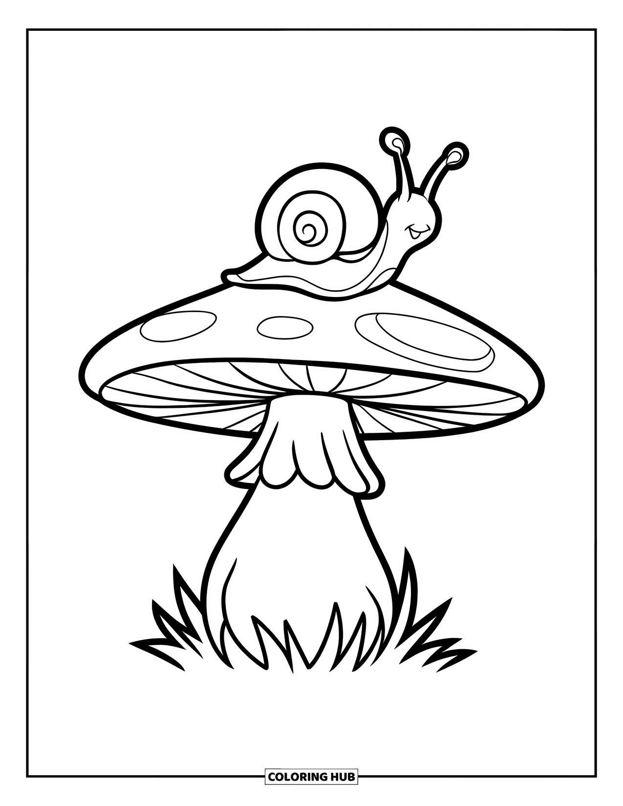 Desen de colorat cu natură pentru copii: Un melc cu o cochilie spiralată stă pe o ciupercă înaltă într-o poiană liniștită din pădure