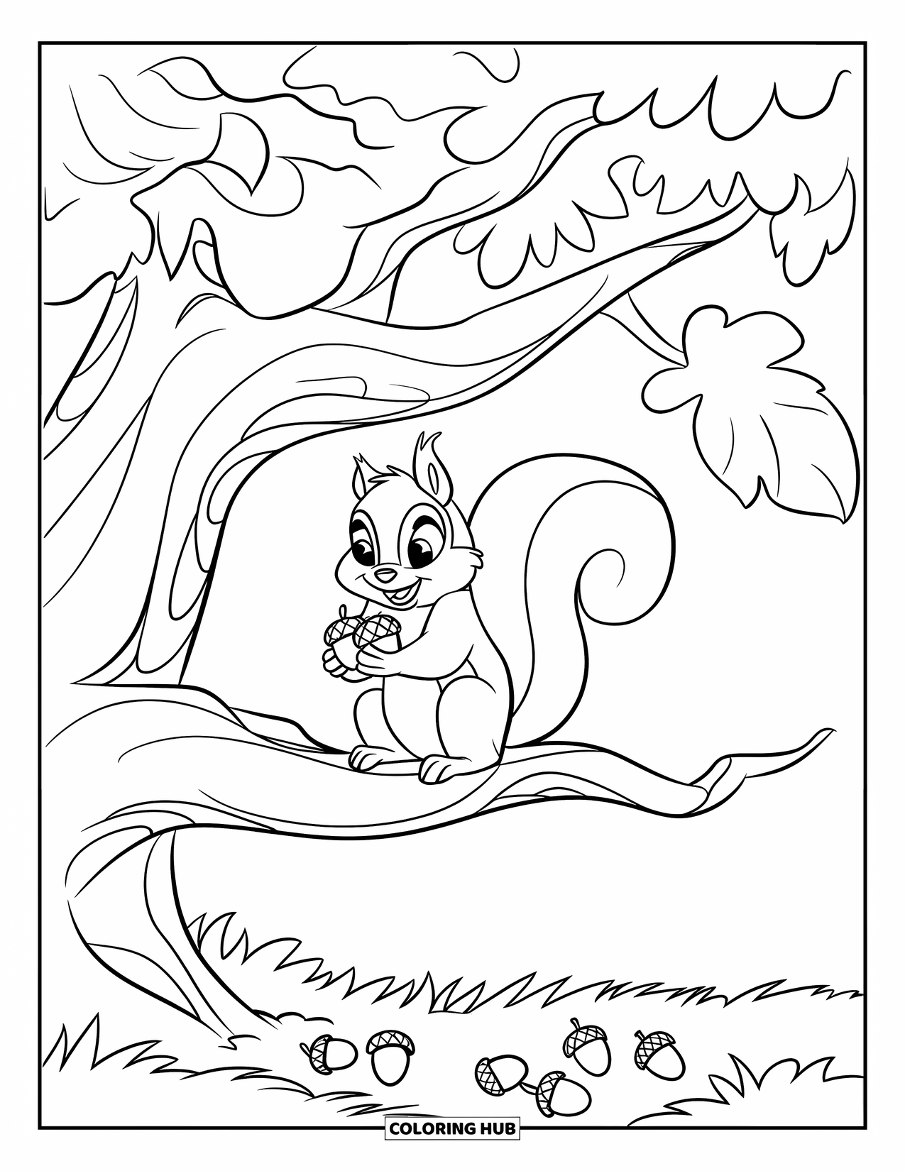 Desen de colorat cu natură pentru copii: O veveriță se află pe o ramură de copac, înconjurată de frunze foșnitoare și ghinde împrăștiate