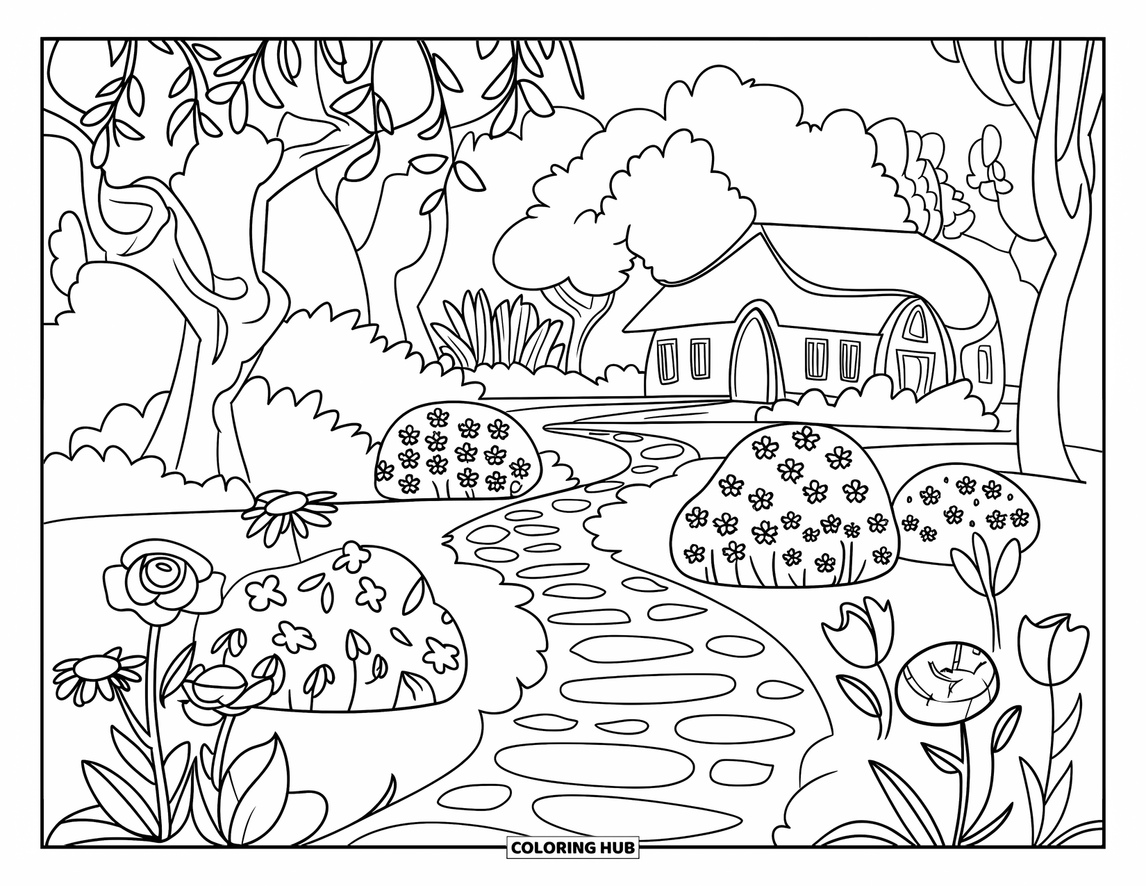 Desen de colorat cu natură pentru copii: O potecă de piatră șerpuiește printr-o grădină liniștită, plină de trandafiri, margarete și lalele înflorite