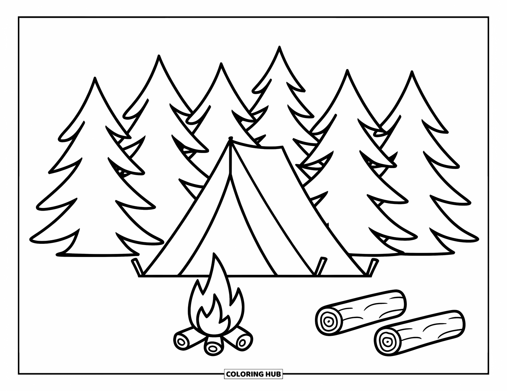 Desen de colorat cu natură pentru copii: Un cort stă printre pini, cu un foc de tabără strălucitor și două bușteni lângă el