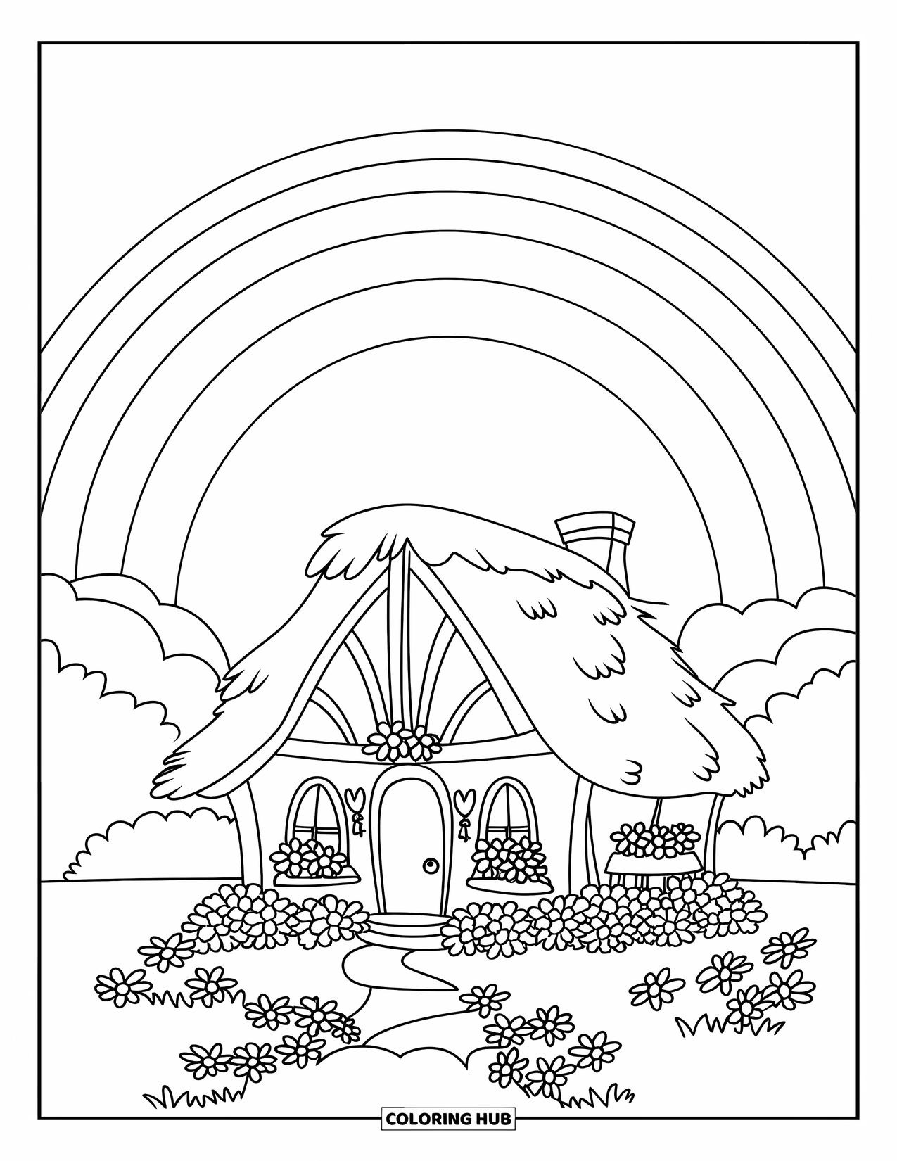 Desen de colorat cu natură pentru copii: O căsuță cu acoperiș de paie stă sub un curcubeu, înconjurată de flori înflorite și copaci cu frunze