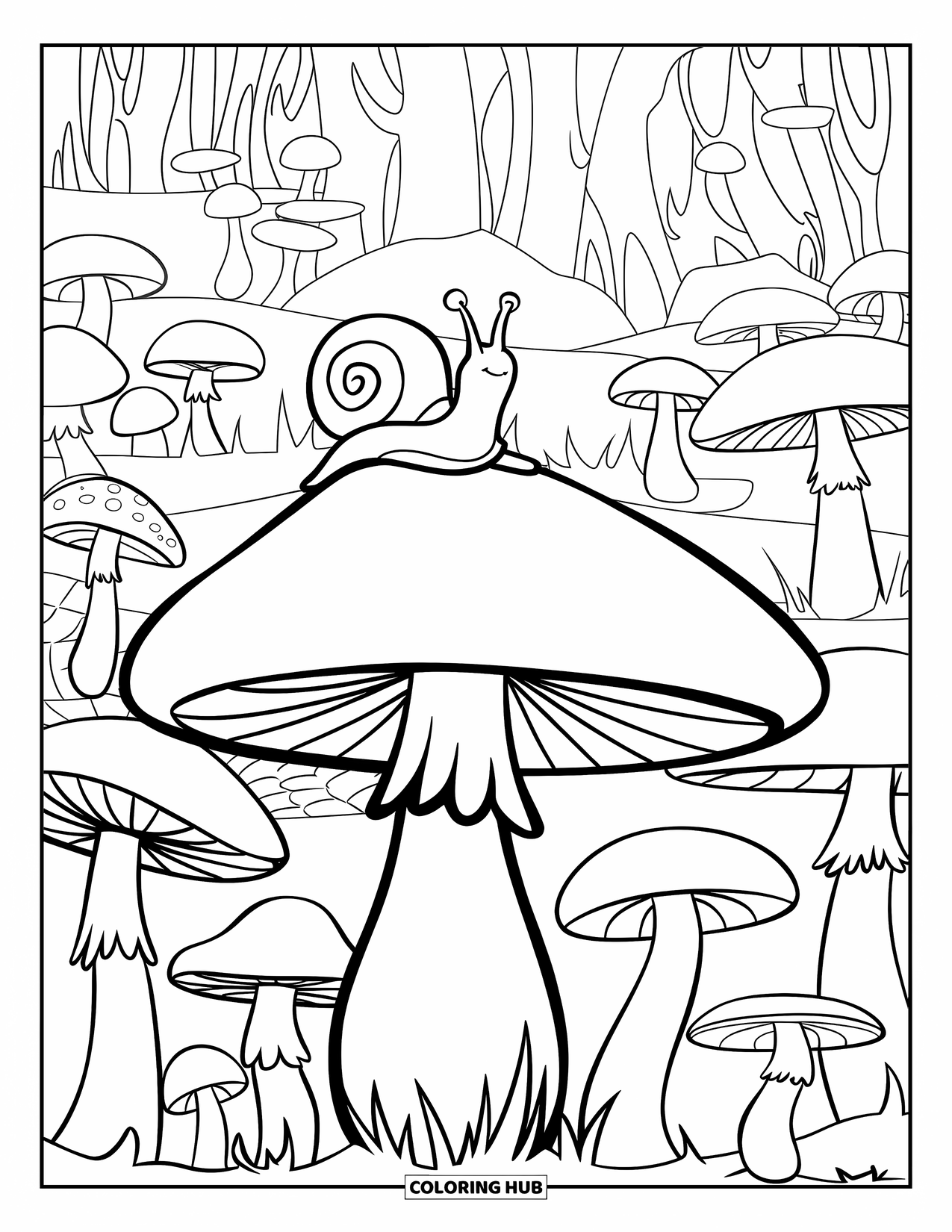 Desen de colorat cu natură pentru copii: Un melc mic se odihnește pe o ciupercă, înconjurat de ciuperci de diferite dimensiuni într-o pădure umbroasă